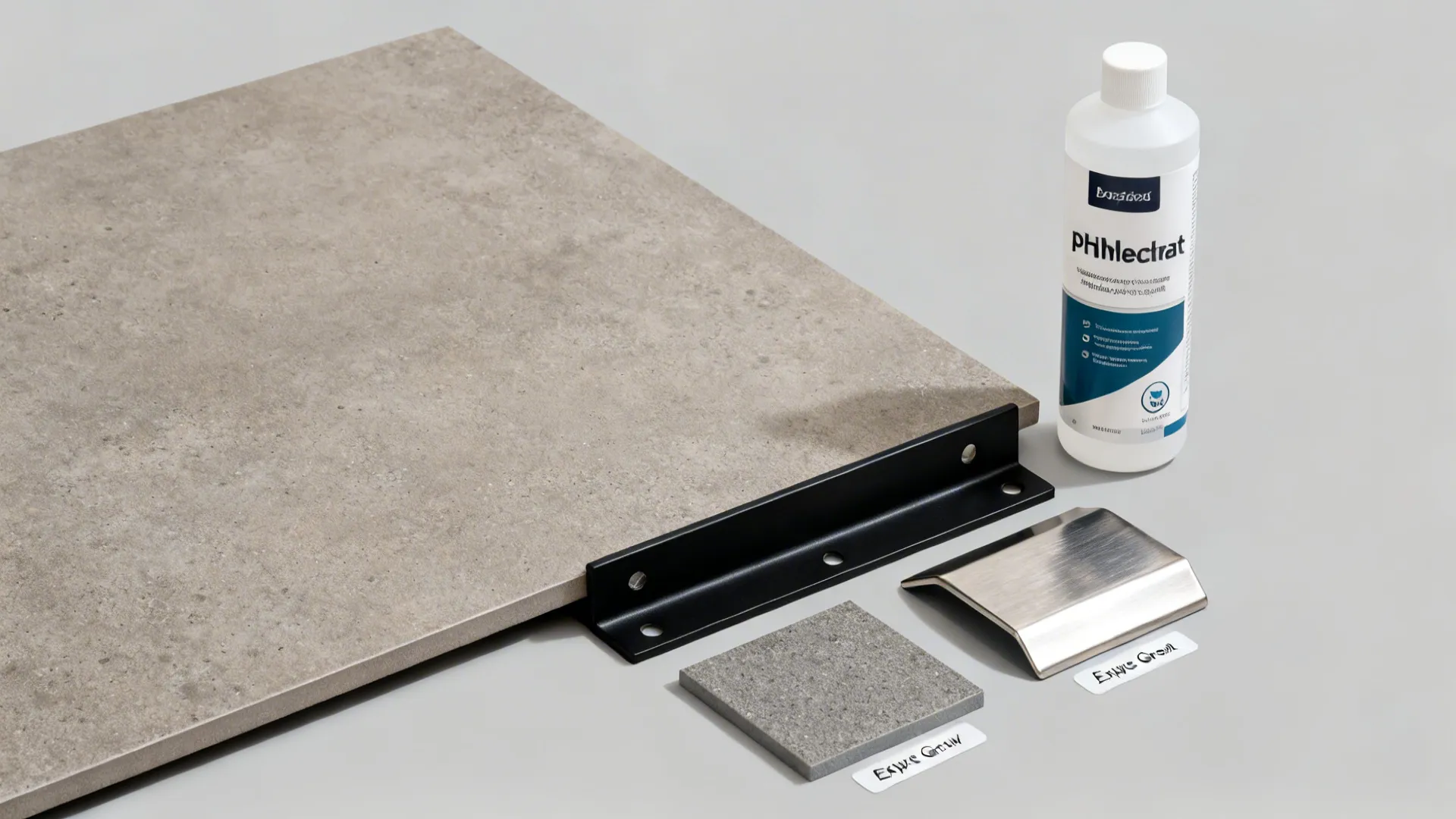 Flat lay of concrete-look porcelain tile, black metal base, epoxy grout, and edge guard materials.