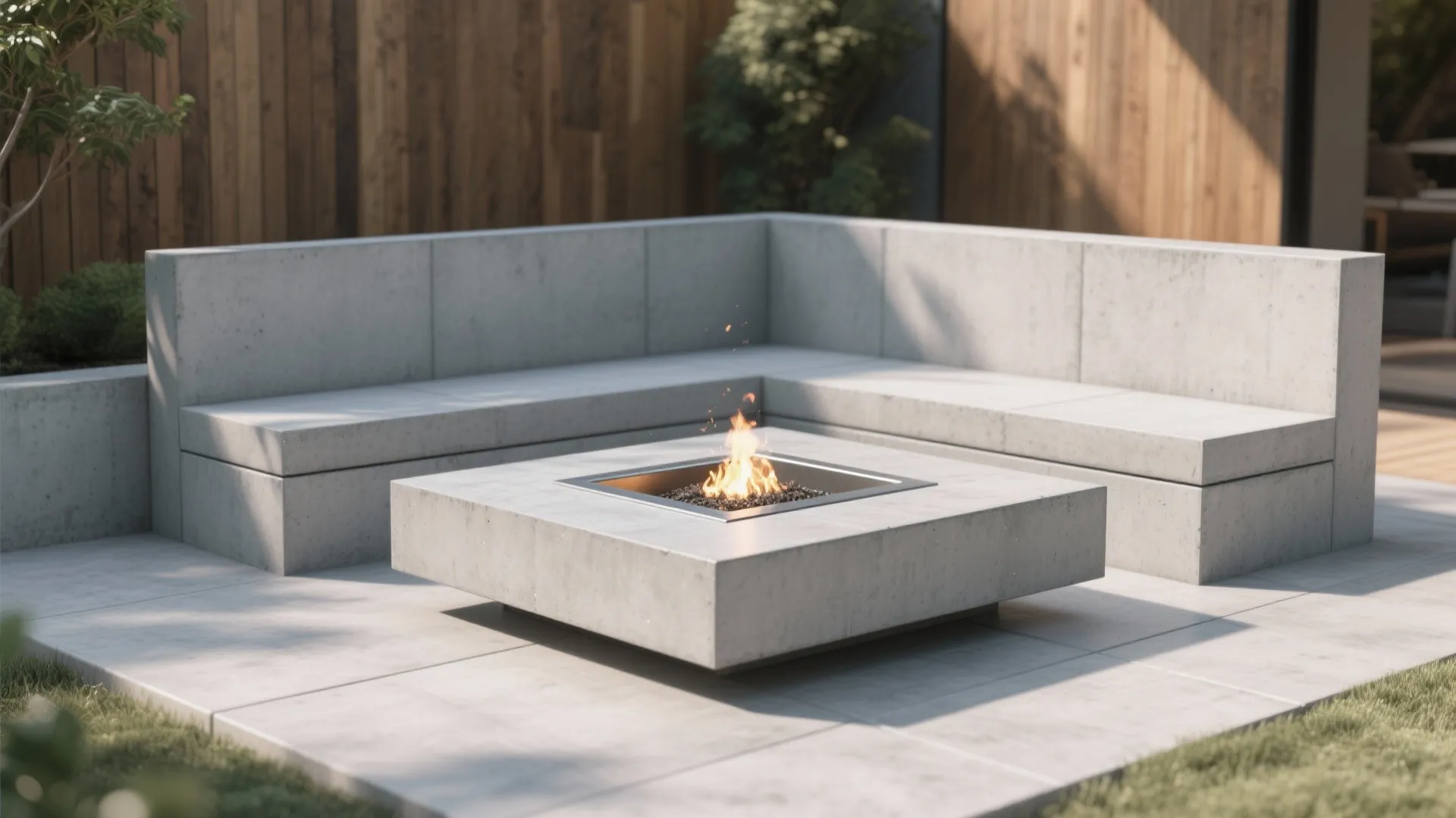Modern outdoor patio with grey concrete sofa seating and square fire pit on stone tiles