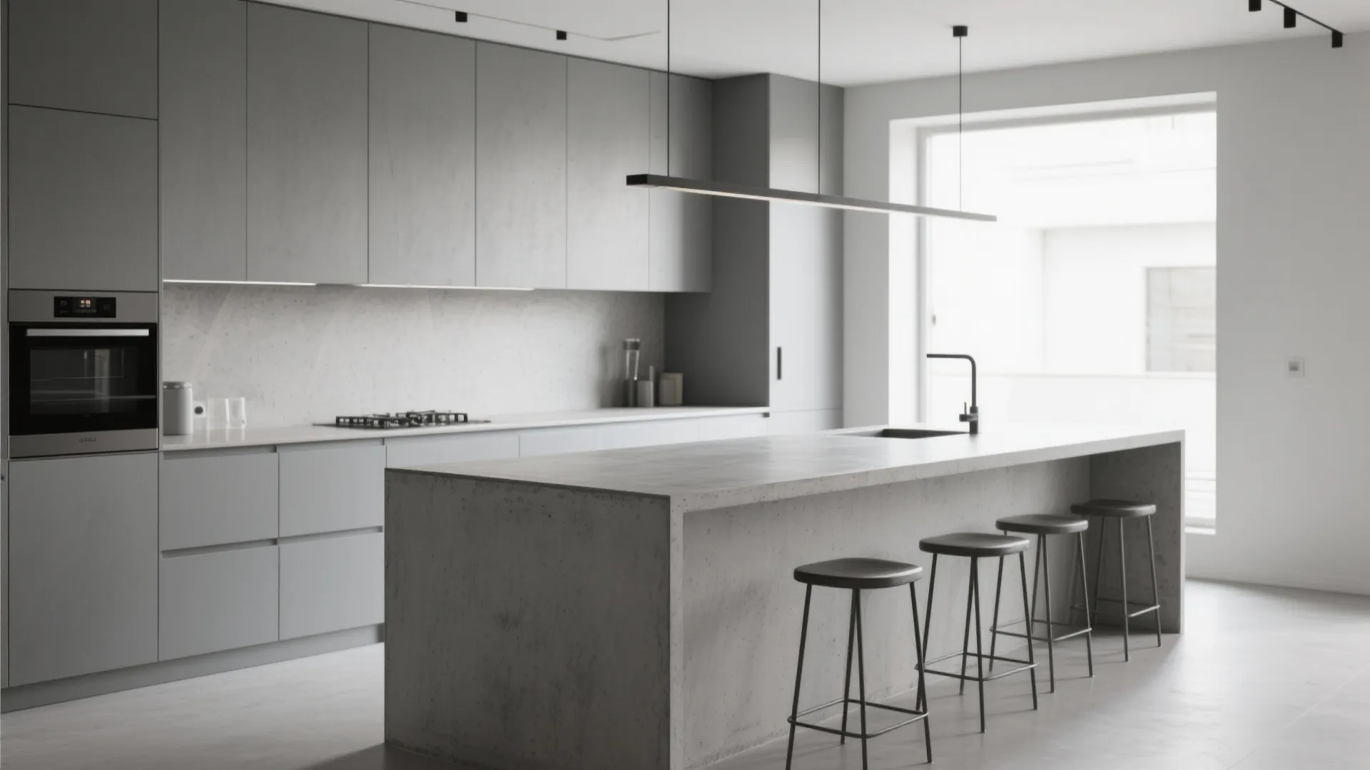 Minimalist grey kitchen with concrete island four black bar stools large window and linear ceiling light