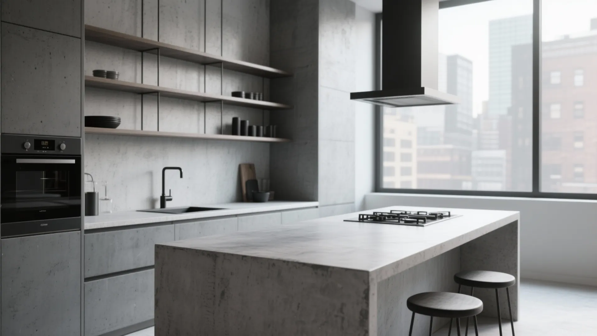 Modern grey kitchen with concrete walls wood shelves black stools and a large window view