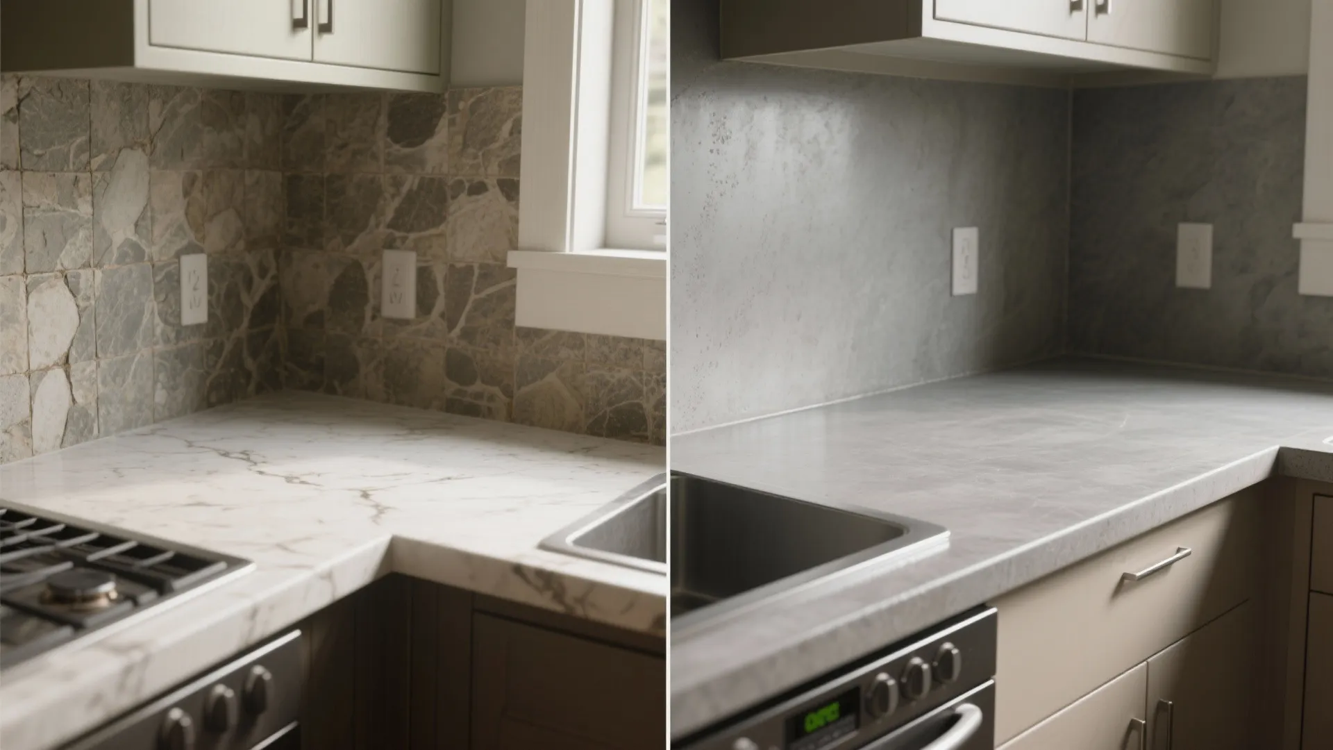 Before and after comparison of a stone patterned kitchen backsplash and a smooth grey wall