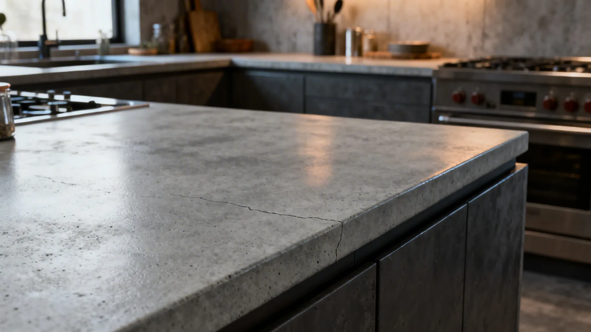 Matte concrete overlay countertop with subtle texture and hairline detail in a minimalist kitchen.