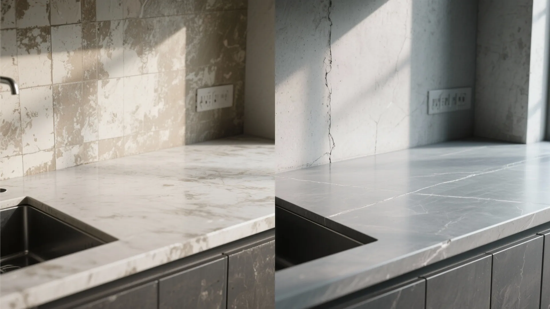 Before and after comparison of old kitchen countertop versus a new smooth grey concrete surface