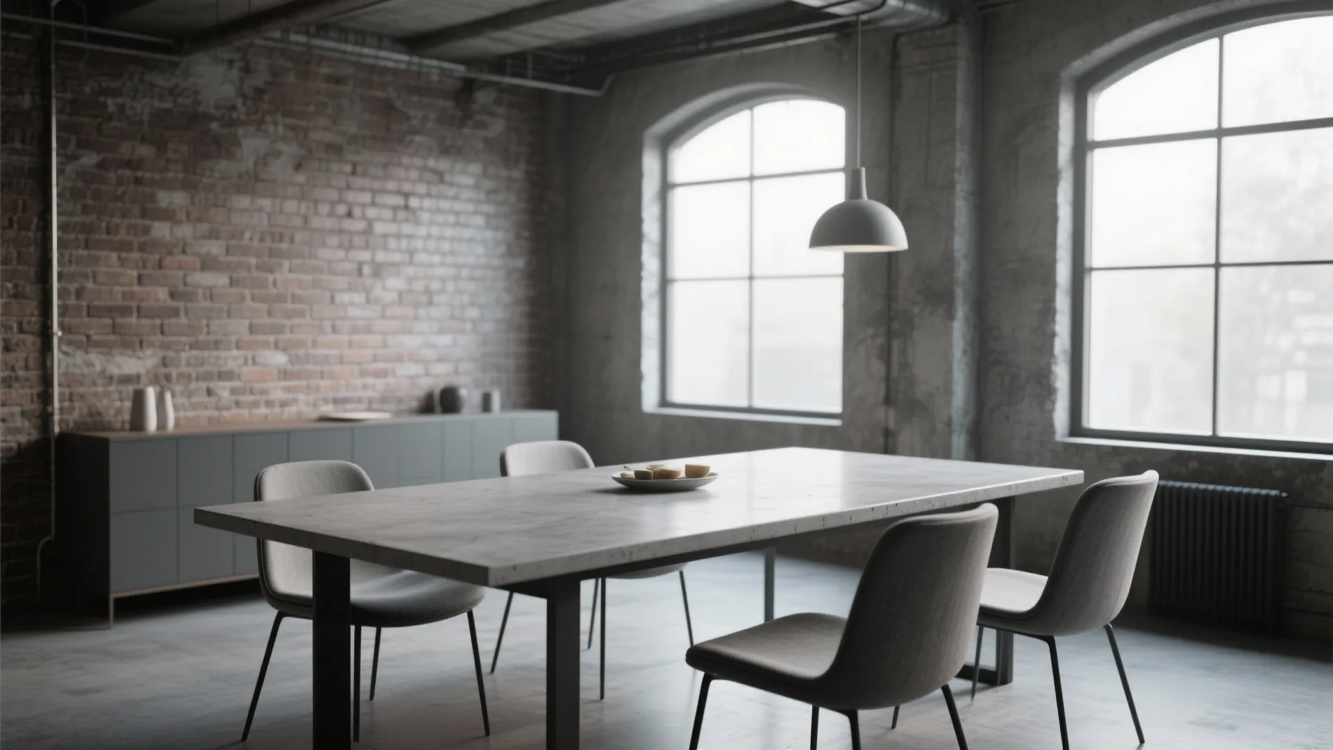 Industrial dining room with brick wall large windows grey cabinet and a concrete look table