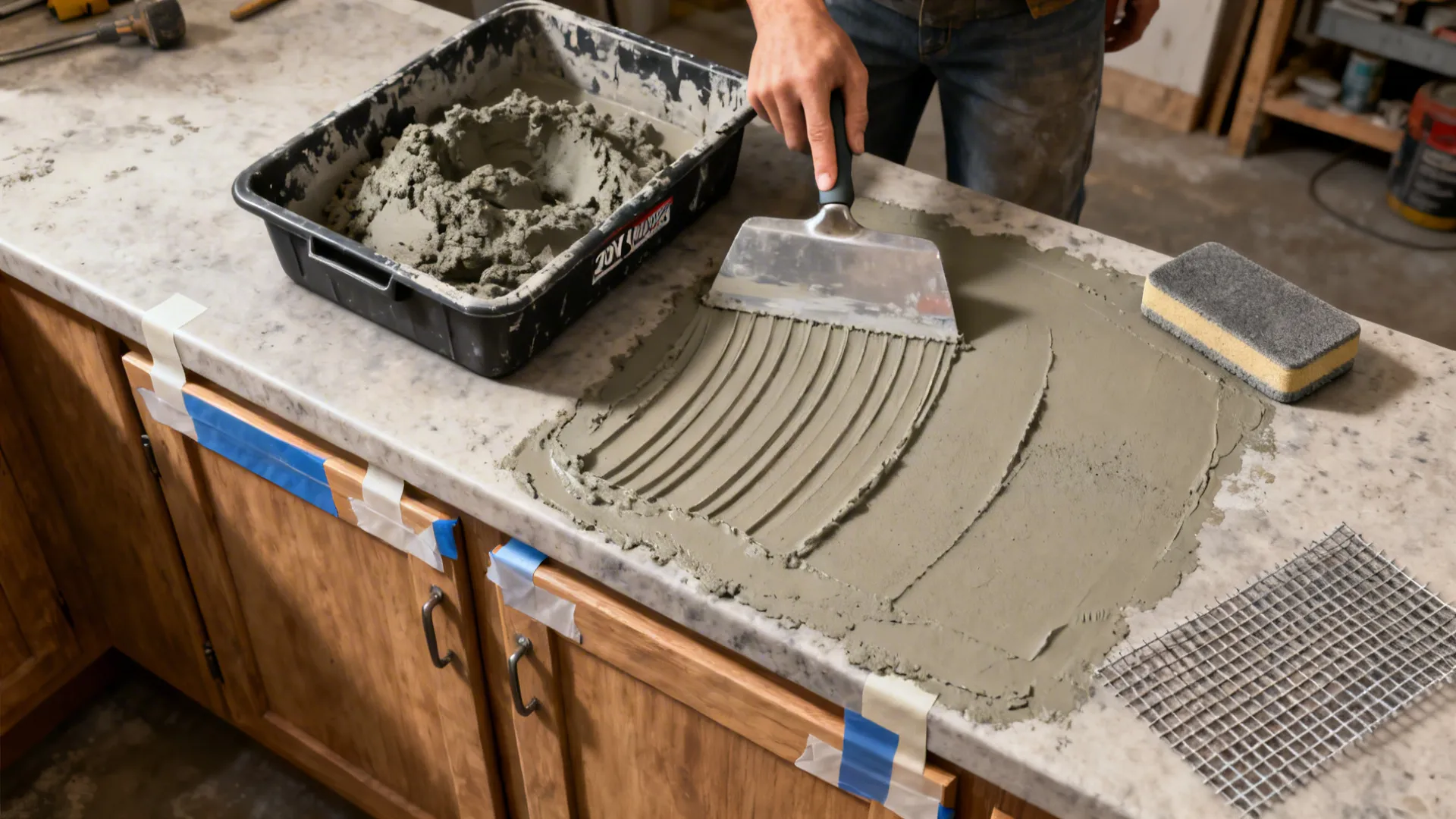 Top-down view of a DIY concrete overlay application on a kitchen countertop with tools and mesh