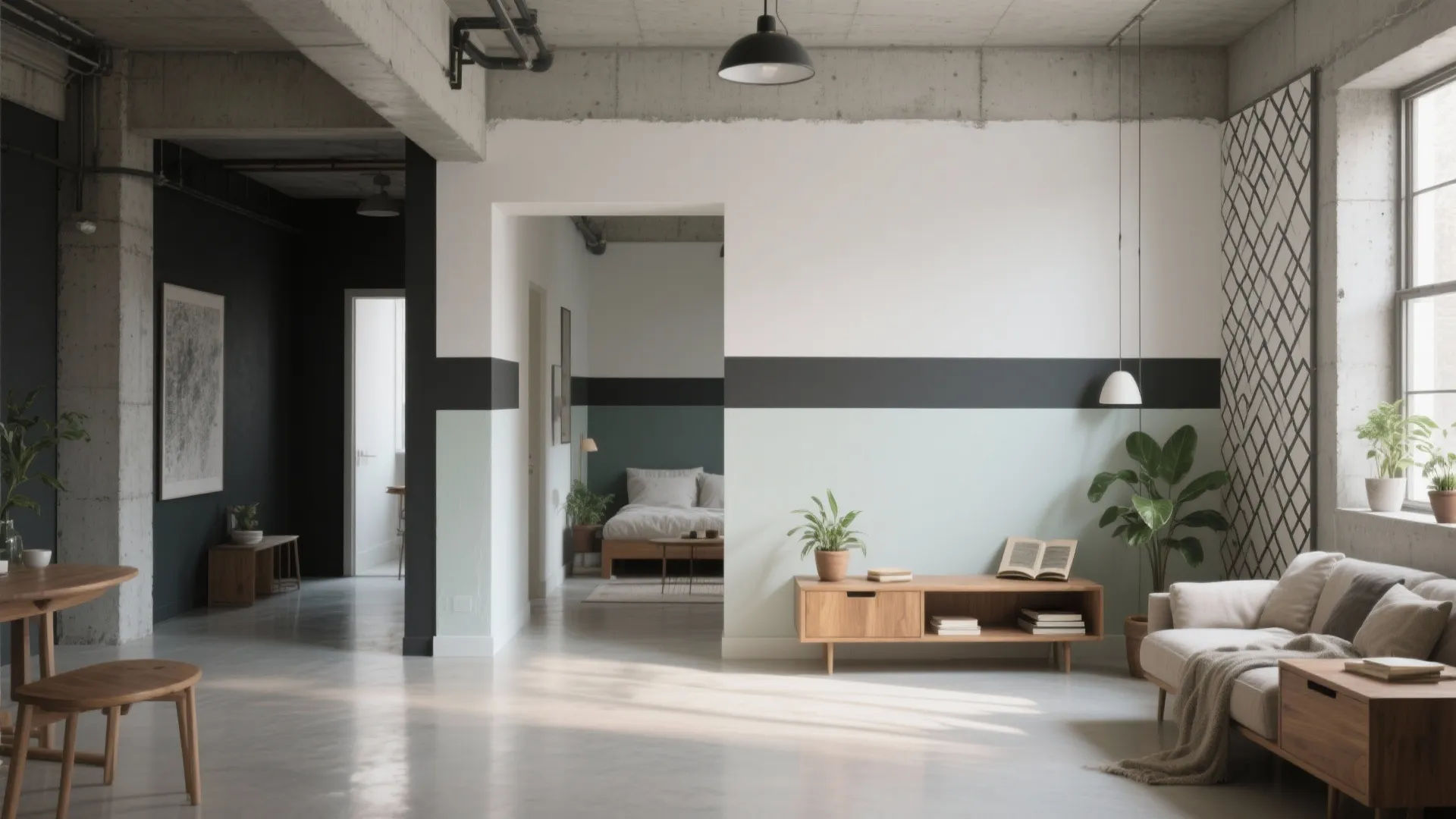Modern industrial living room with white and green painted walls plus sofa and ceiling light