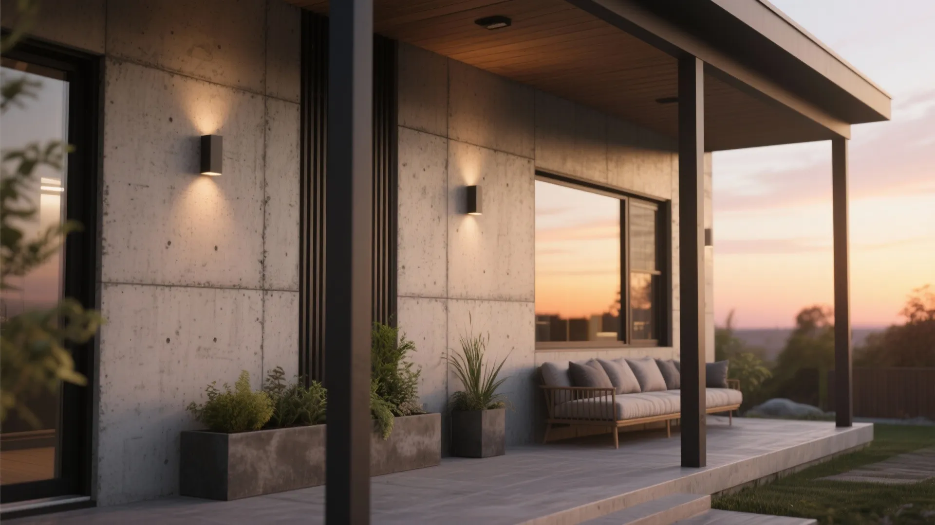 Modern porch with concrete wall panels grey sofa black wall lights potted plants and sunset