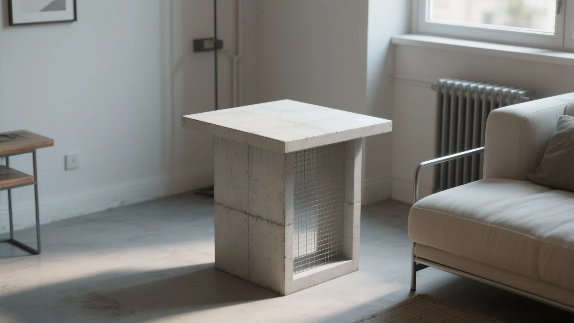 Modern square concrete side table with metal grid detail inside a bright minimalist living room