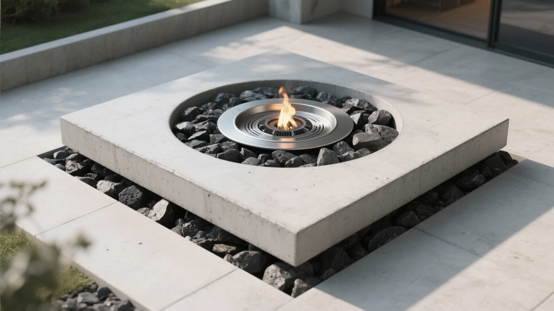 Low concrete fire table with an inset stainless tray and black lava rock surrounding the flame.