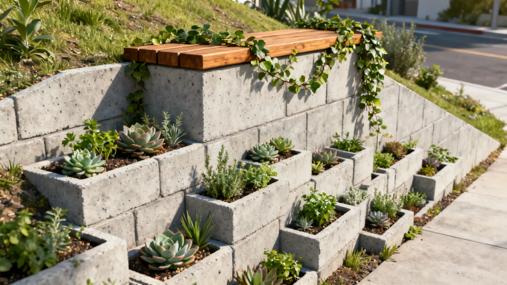 Concrete block retaining wall with planter faces and wood cap seating softened by plants