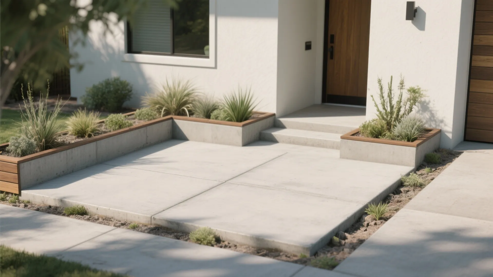 Modern front yard with concrete patio area and raised garden beds containing small green outdoor plants