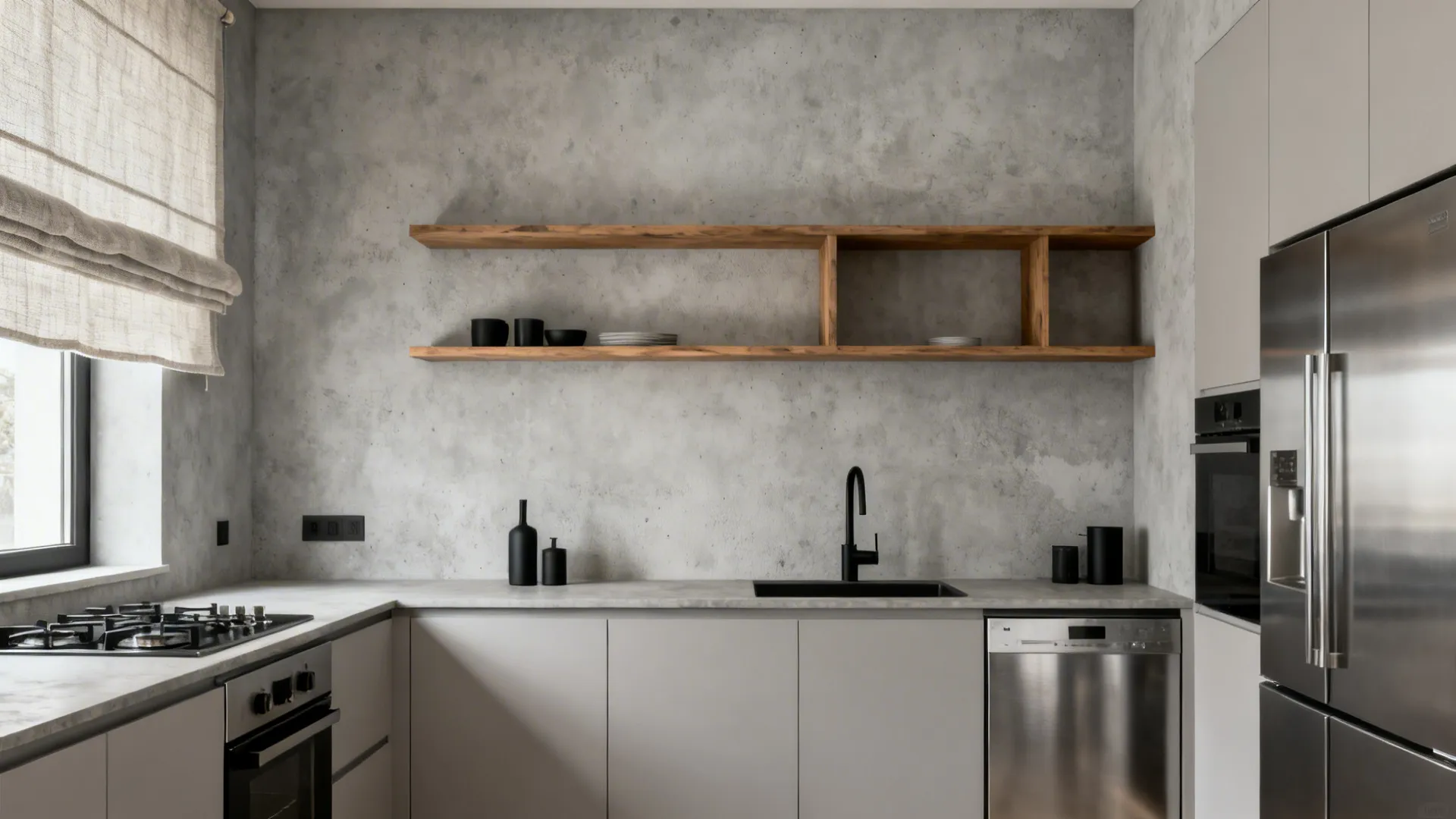 Minimal small kitchen with light gray concrete-effect wallpaper, oak shelves, and black fixtures.