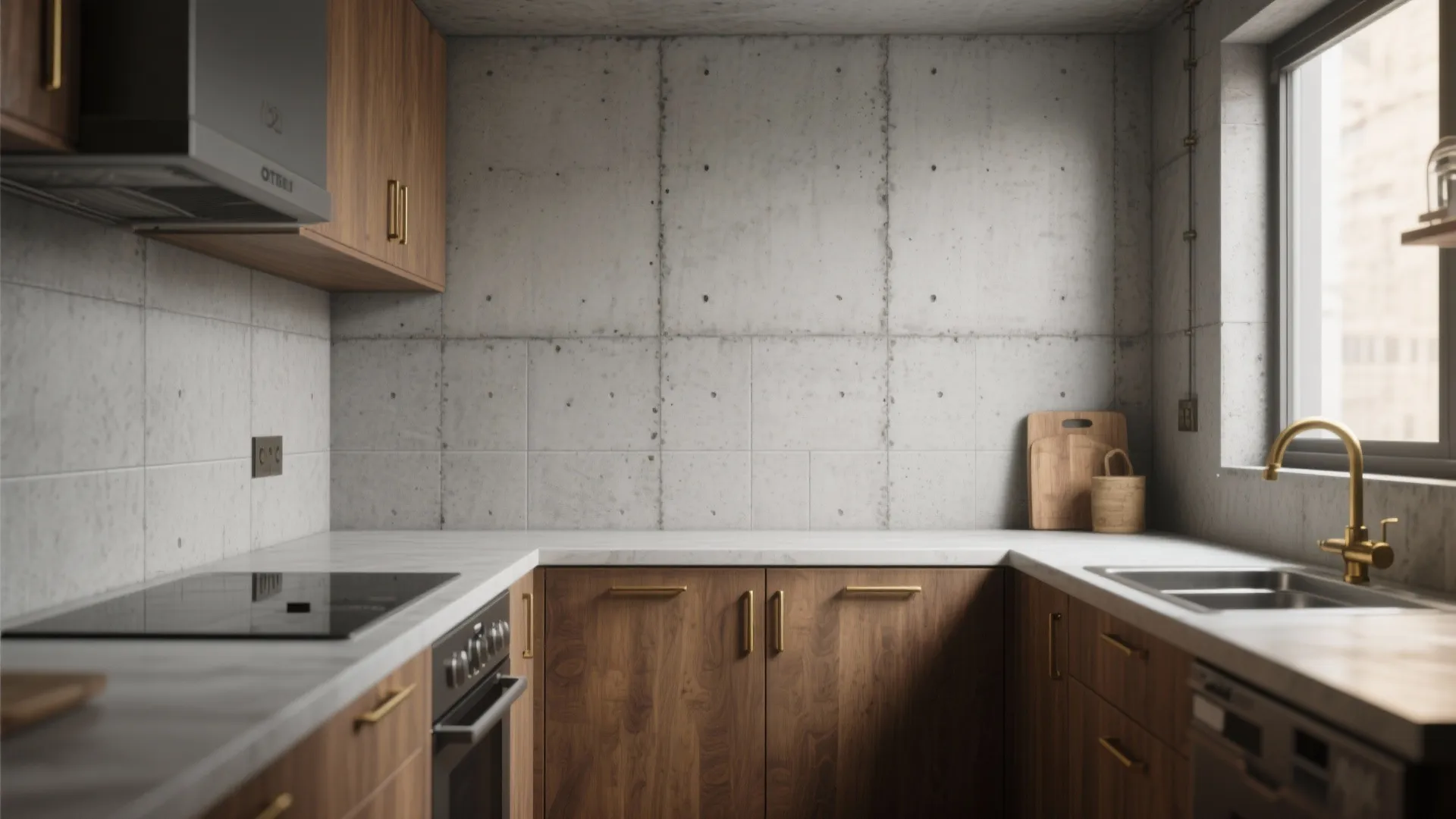Modern kitchen with concrete wall panels wood cabinets marble countertop gold water tap and big window