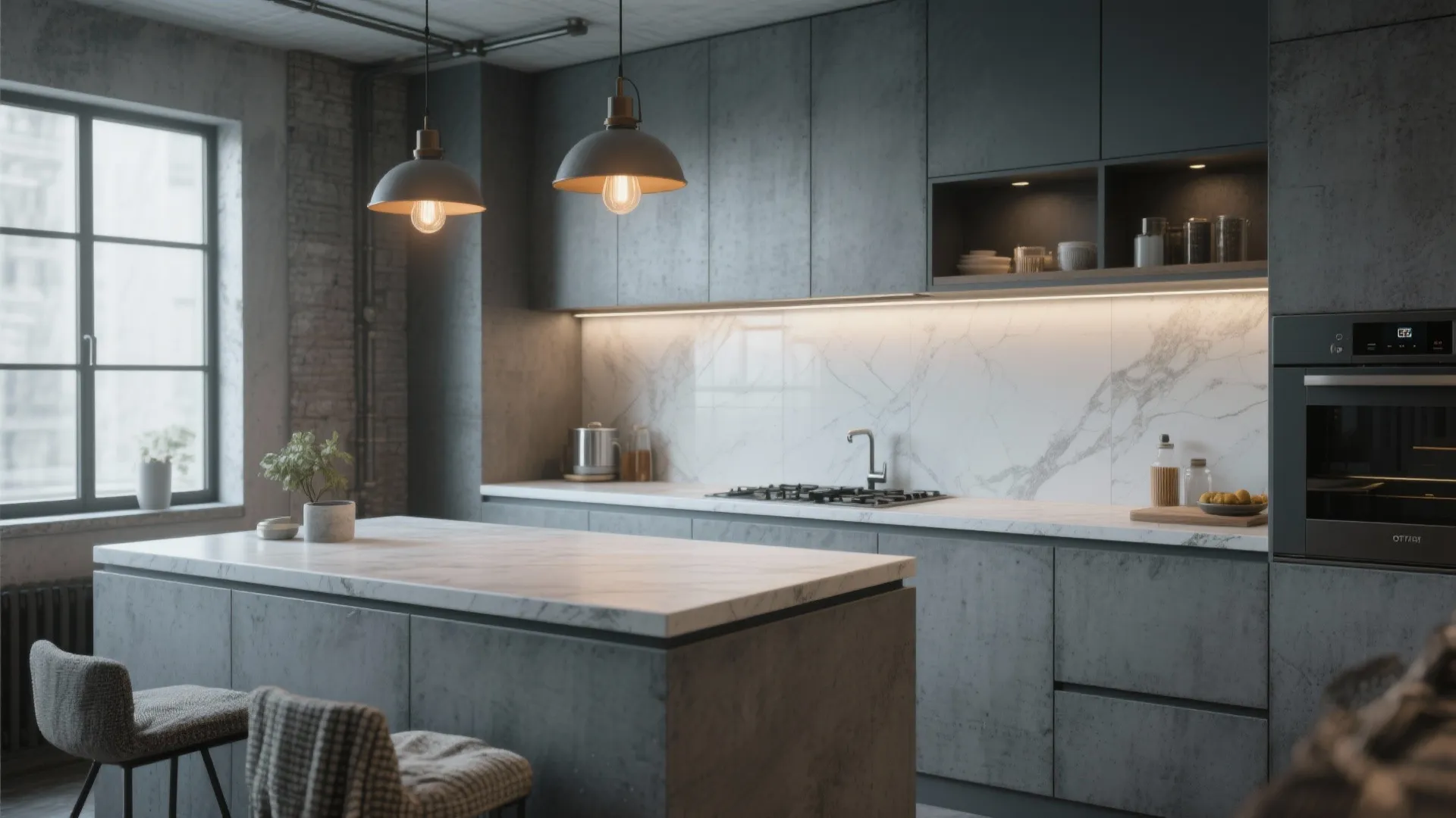 3. Concrete-Style Countertop + Large Format Porcelain Backsplash