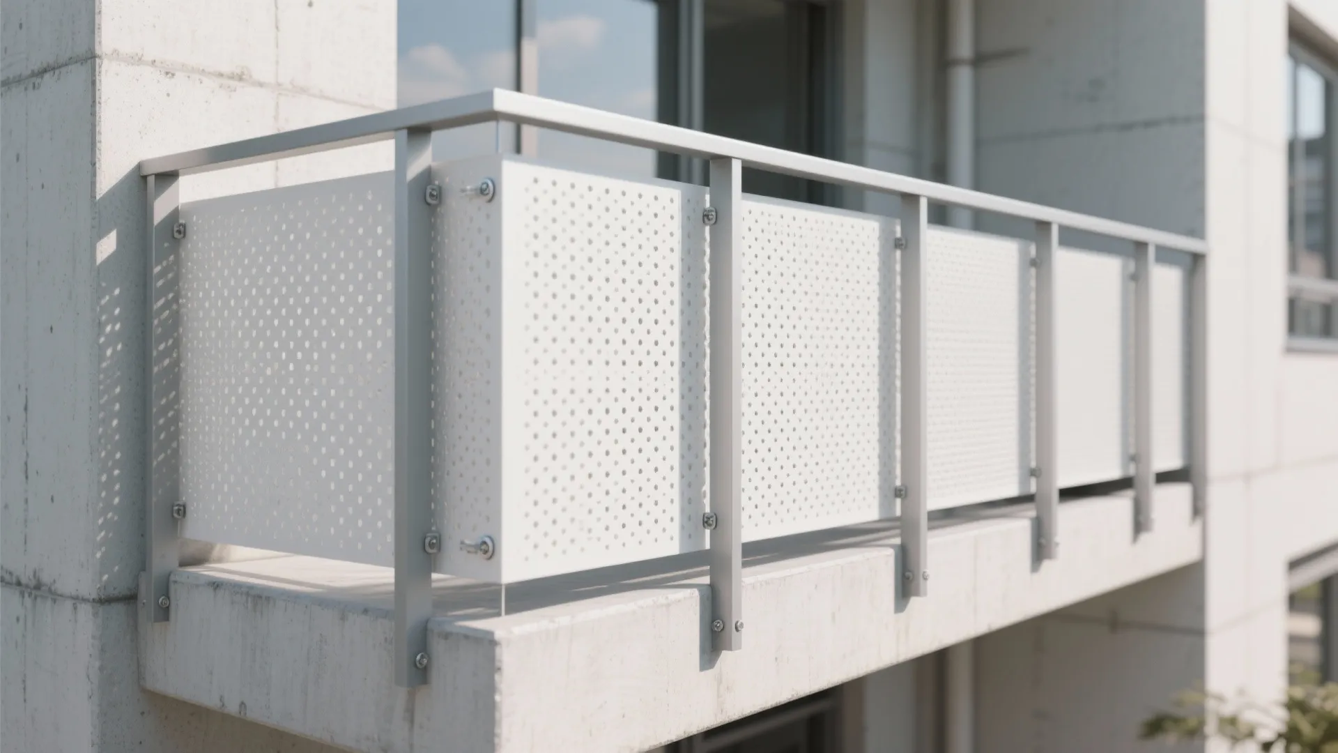 Exterior view of a modern balcony with white metal perforated panels and simple gray railings