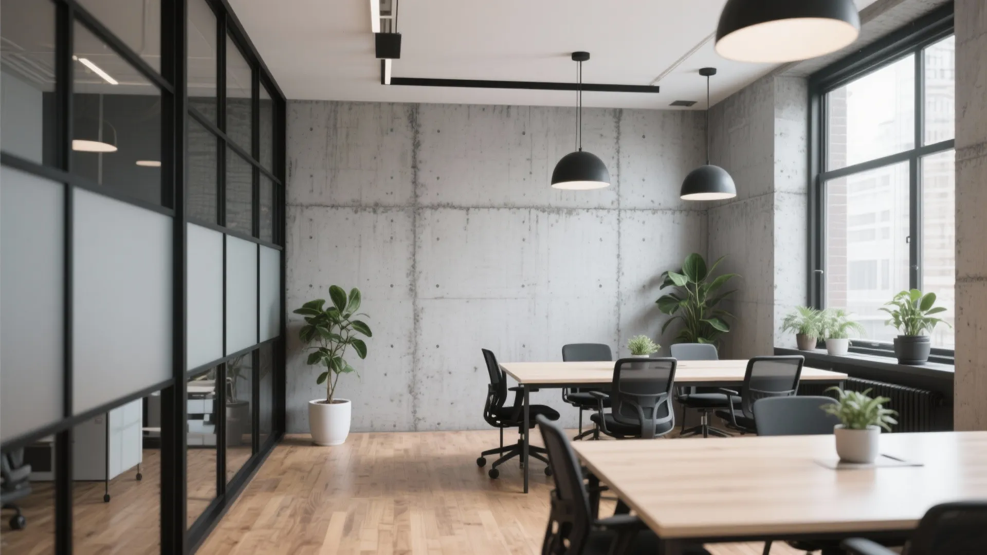 Industrial office with concrete walls wooden floor black chairs wooden tables and black hanging light