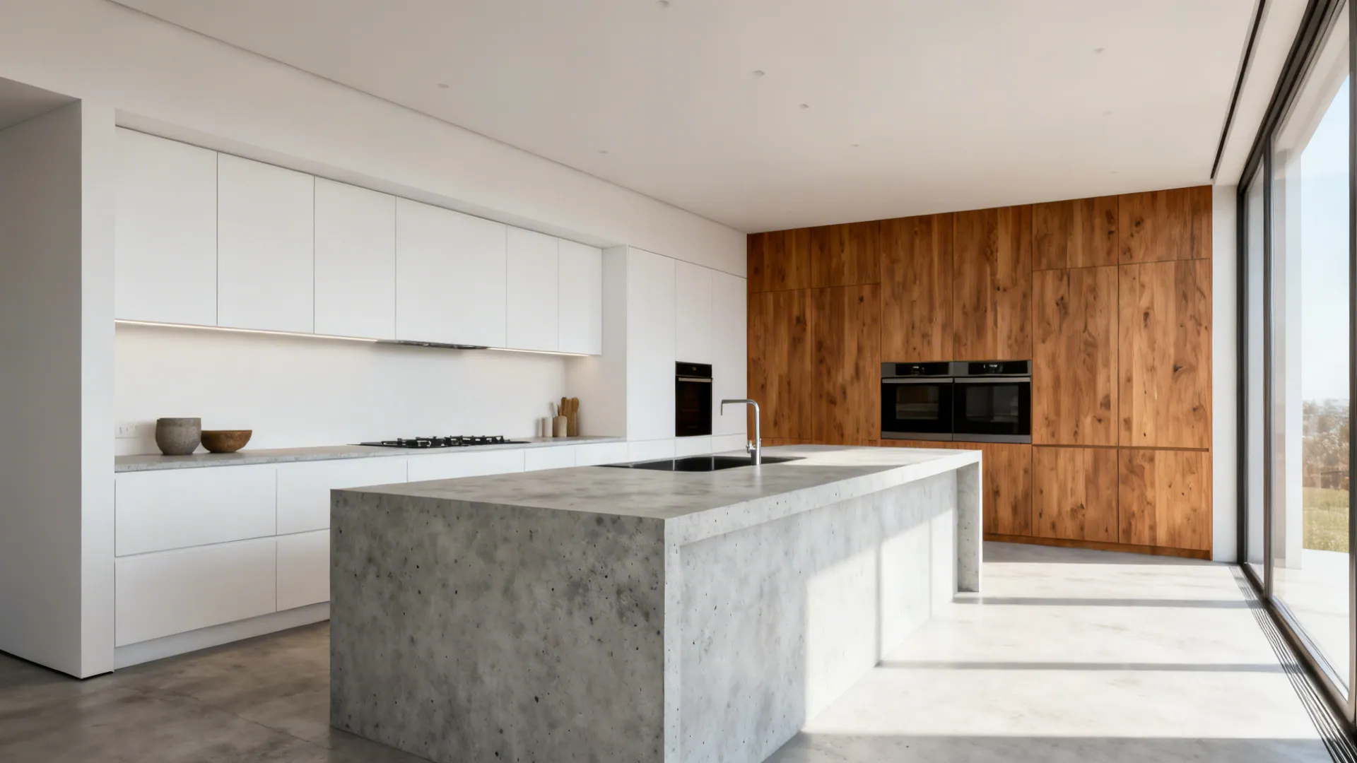 Modern kitchen with concrete-effect engineered quartz countertop and white cabinets