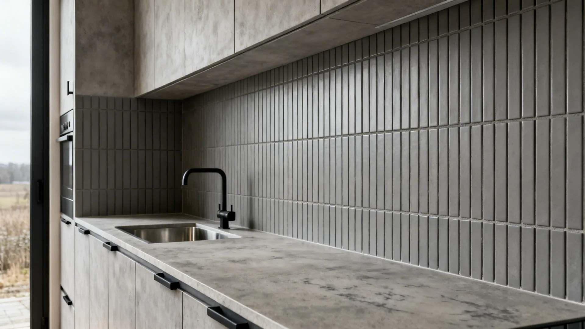 Concrete-look quartz countertop with skinny stacked tiles to the ceiling in a galley kitchen.