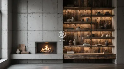 Industrial Living Room with Concrete Fireplace & Wood Shelving