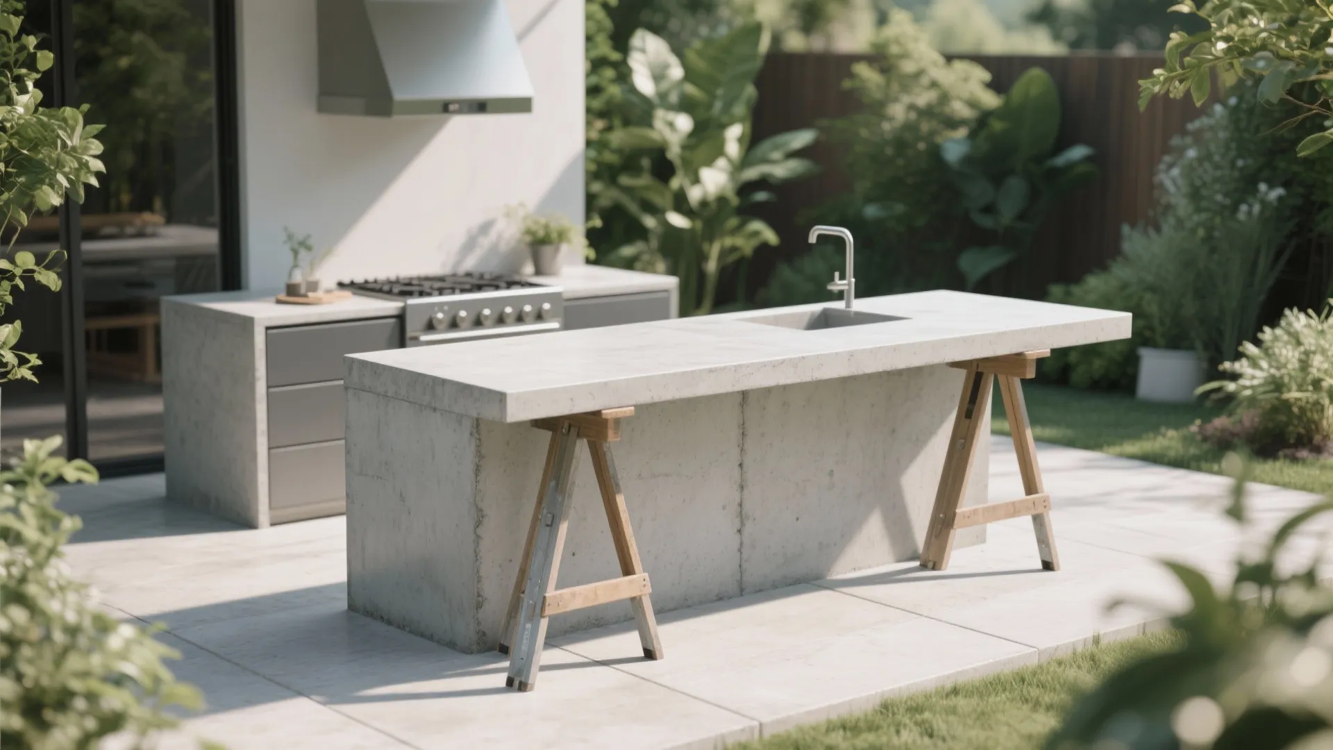 Outdoor concrete kitchen counter with a sink supported by wooden stands in a green garden