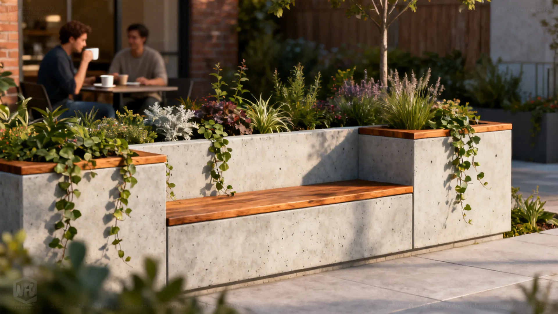 Low concrete seat wall with integrated planters and wood cap in a small urban front yard.