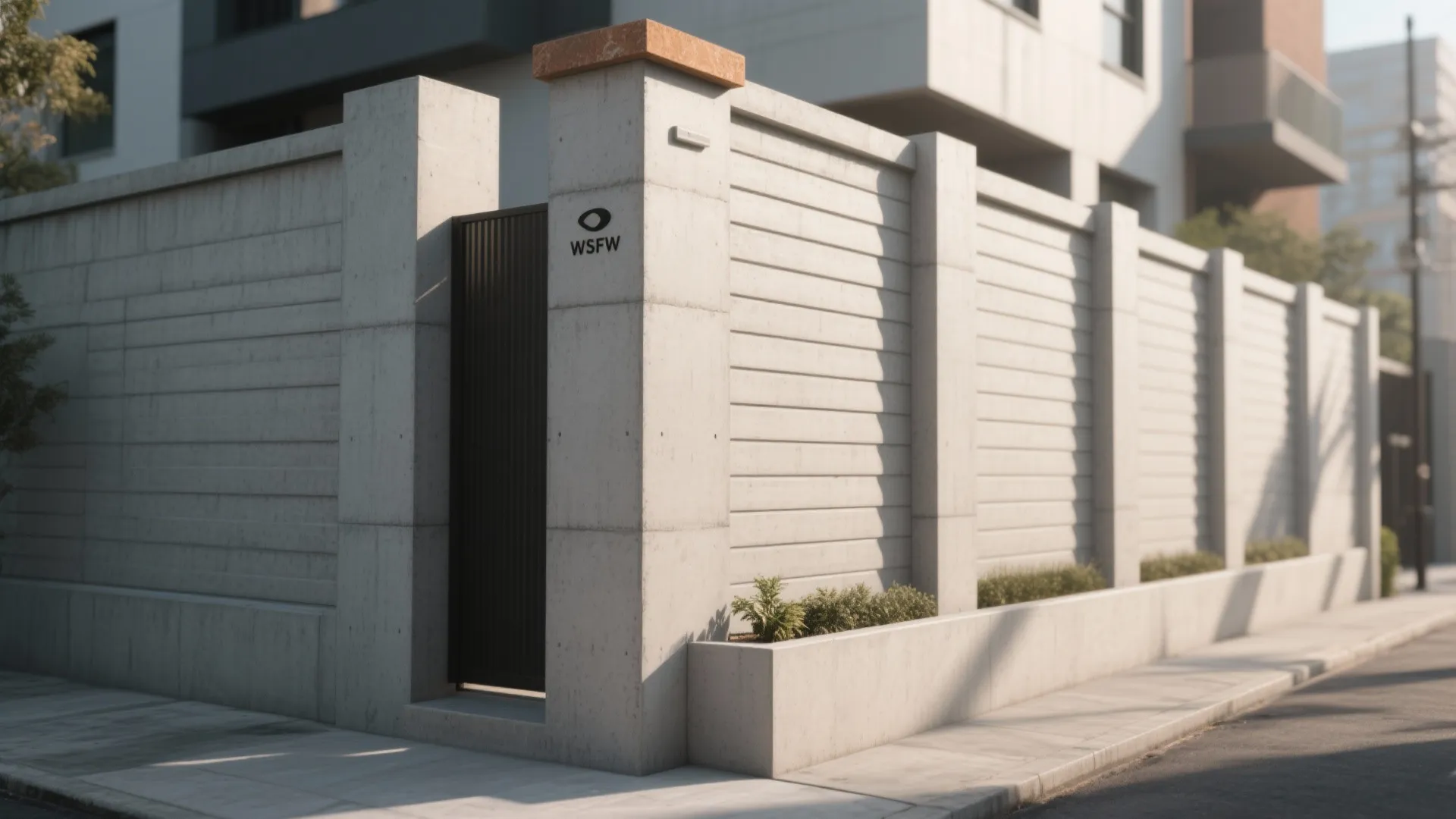 Modern grey concrete wall with black metal gate and small green plants on a sidewalk