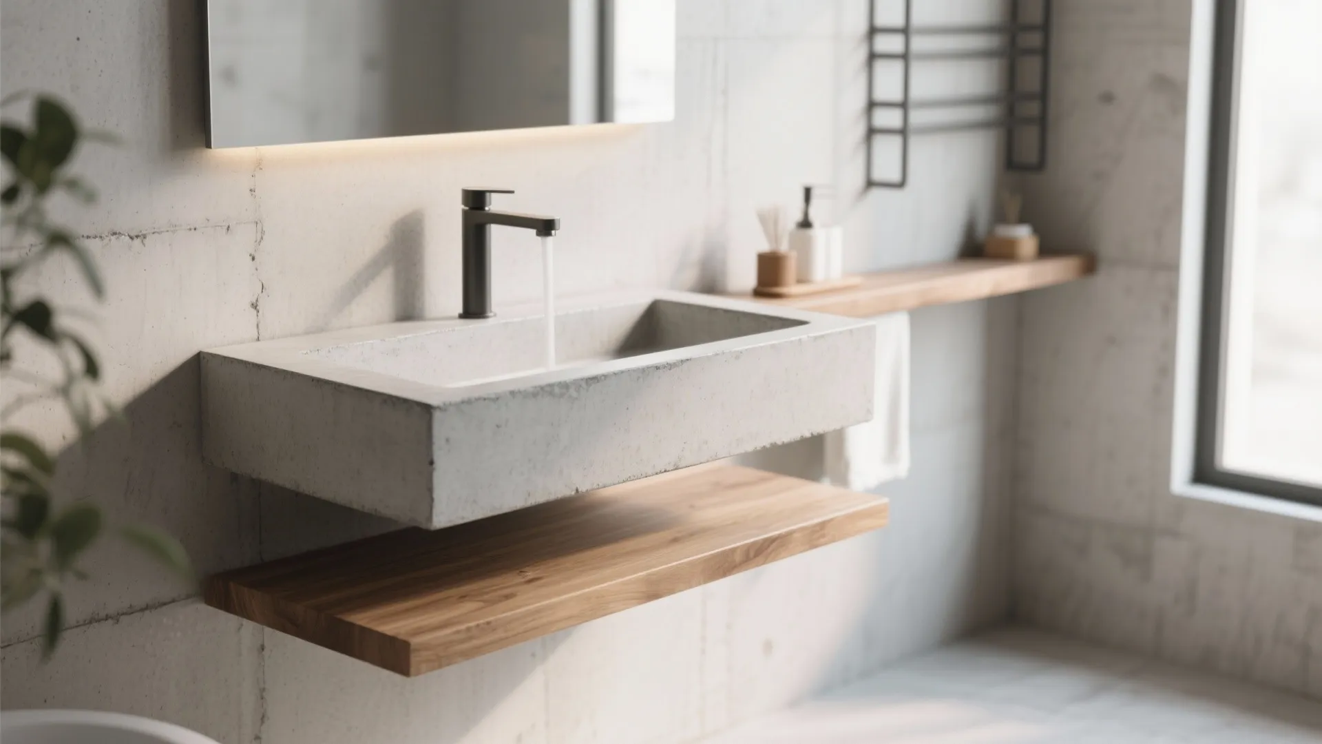 Modern bathroom featuring a grey concrete sink black water tap and wooden shelves on the wall