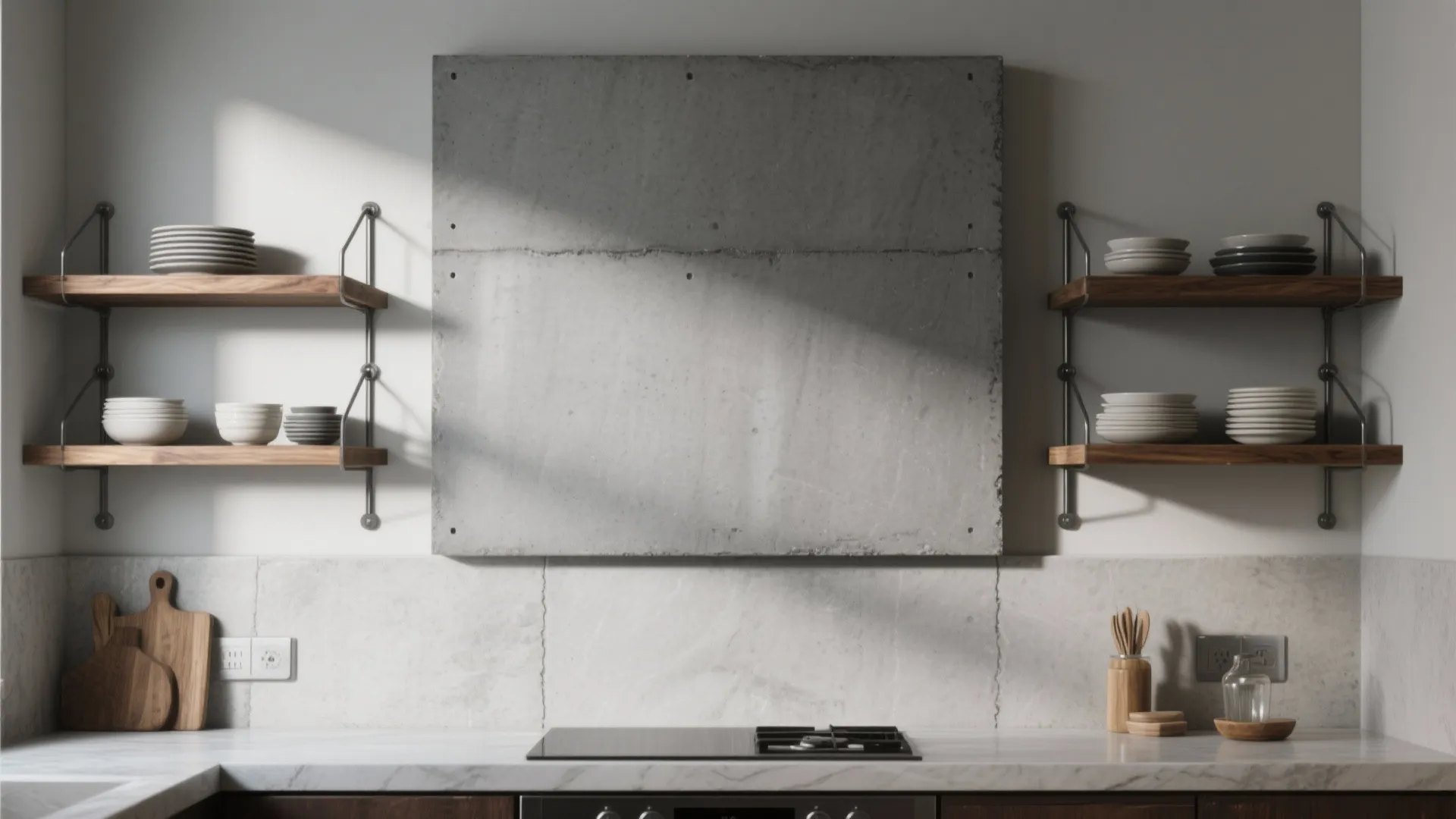 Modern kitchen with grey concrete wall panel wood floating shelves white marble countertop and stove