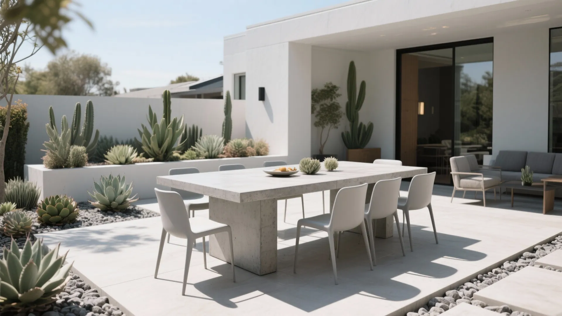 Modern outdoor patio with stone dining table white chairs green cactus plants and bright sunlight