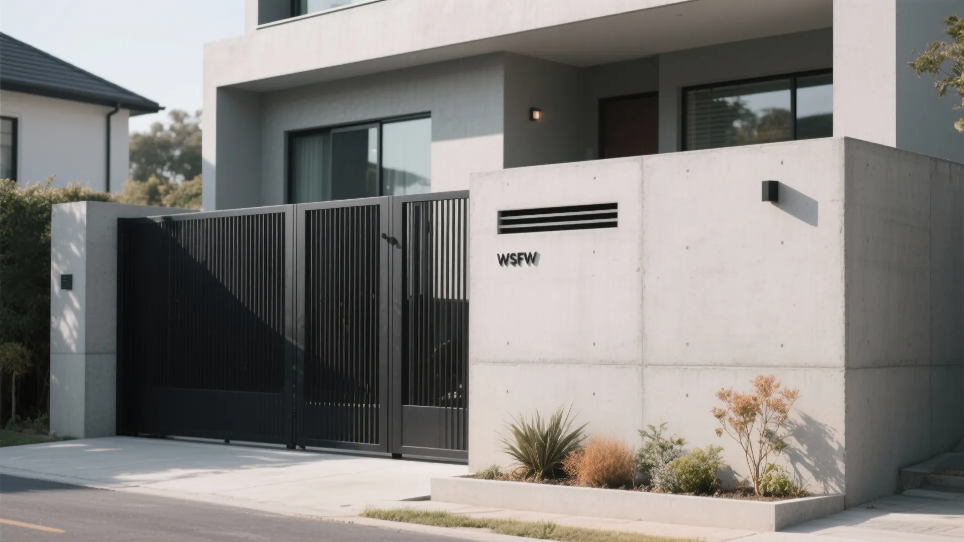 Minimalist Concrete Wall + Slatted Steel Gate