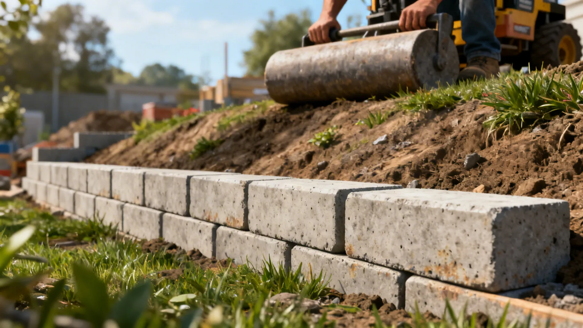 Concrete sleepers lined up as a durable retaining edge on a sloped garden.