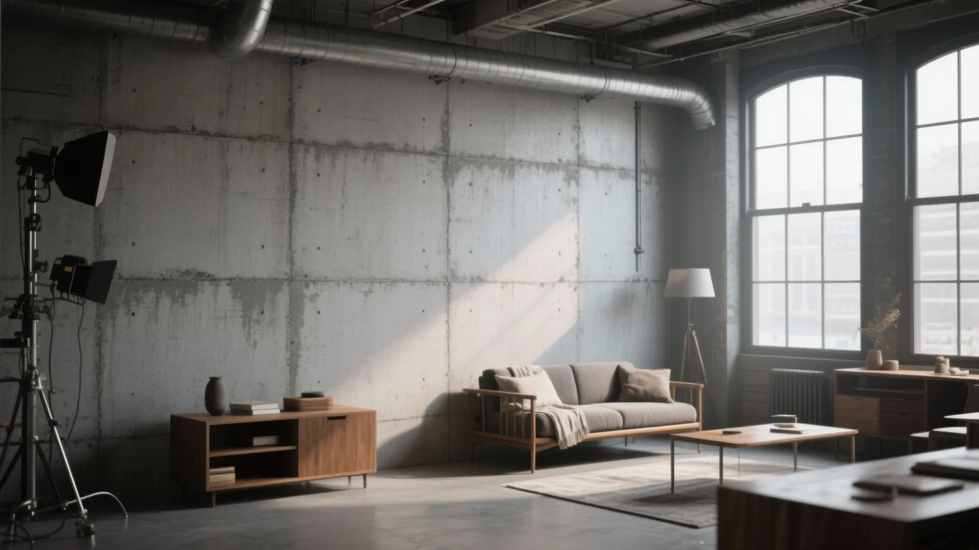 Industrial living room with concrete wall wooden cabinet grey sofa floor light and large windows
