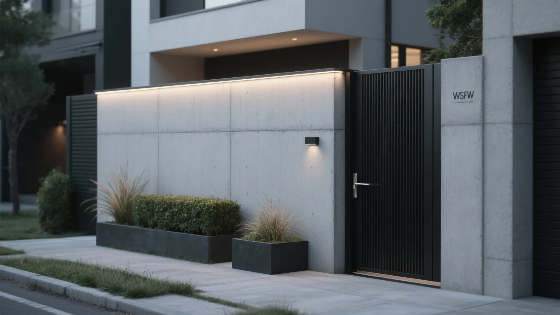 Minimalist concrete wall with a slim steel gate