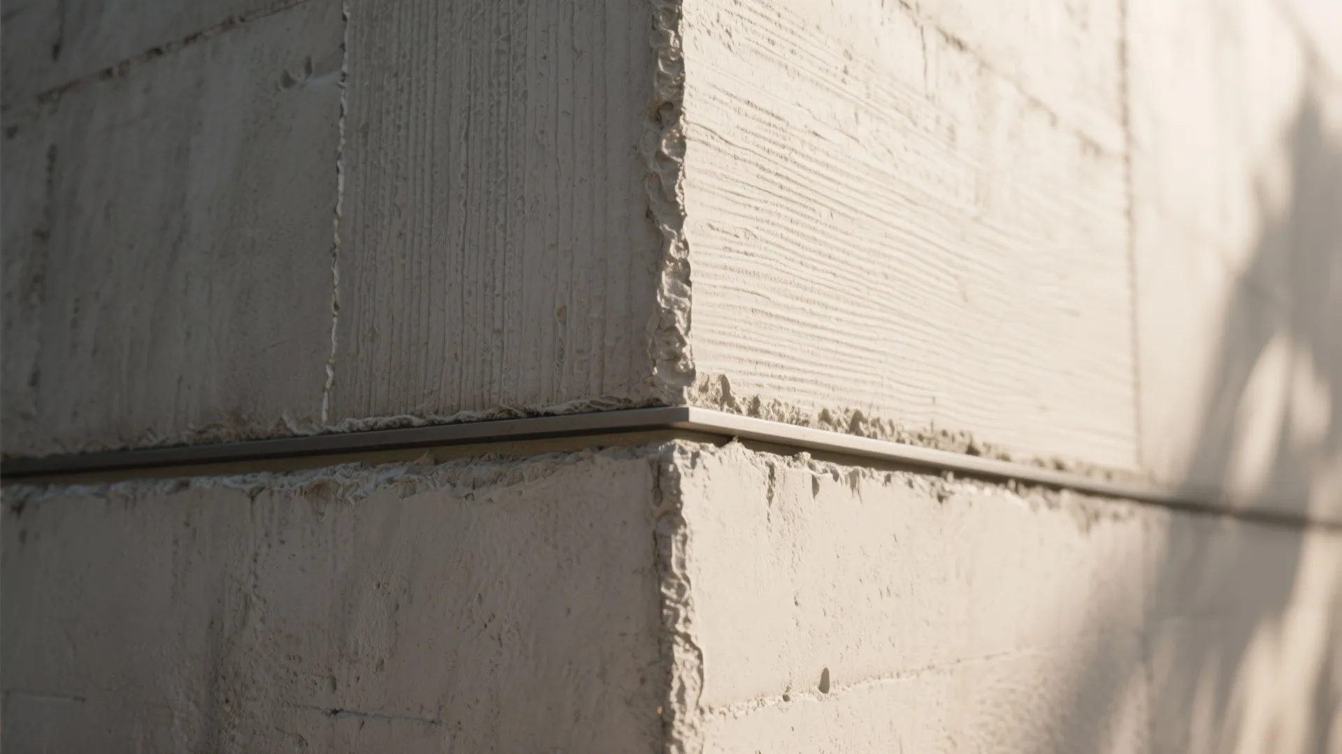 Close up view of textured concrete wall corner with a thin metal divider in sunlight