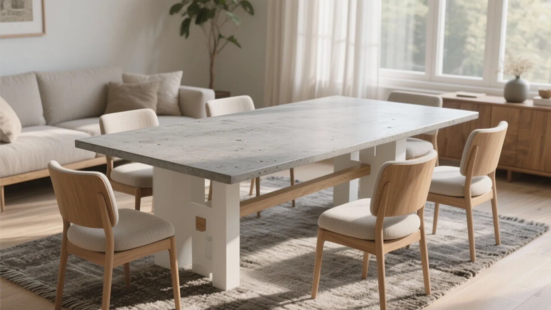 Modern concrete dining table with wooden chairs on a rug in a bright living room