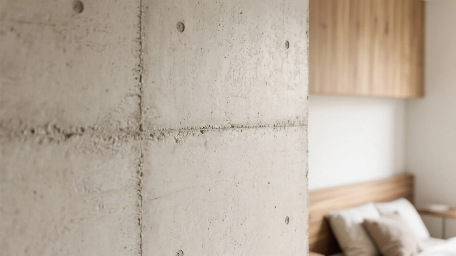 Close up of a grey concrete wall panel with visible texture in a modern bright bedroom