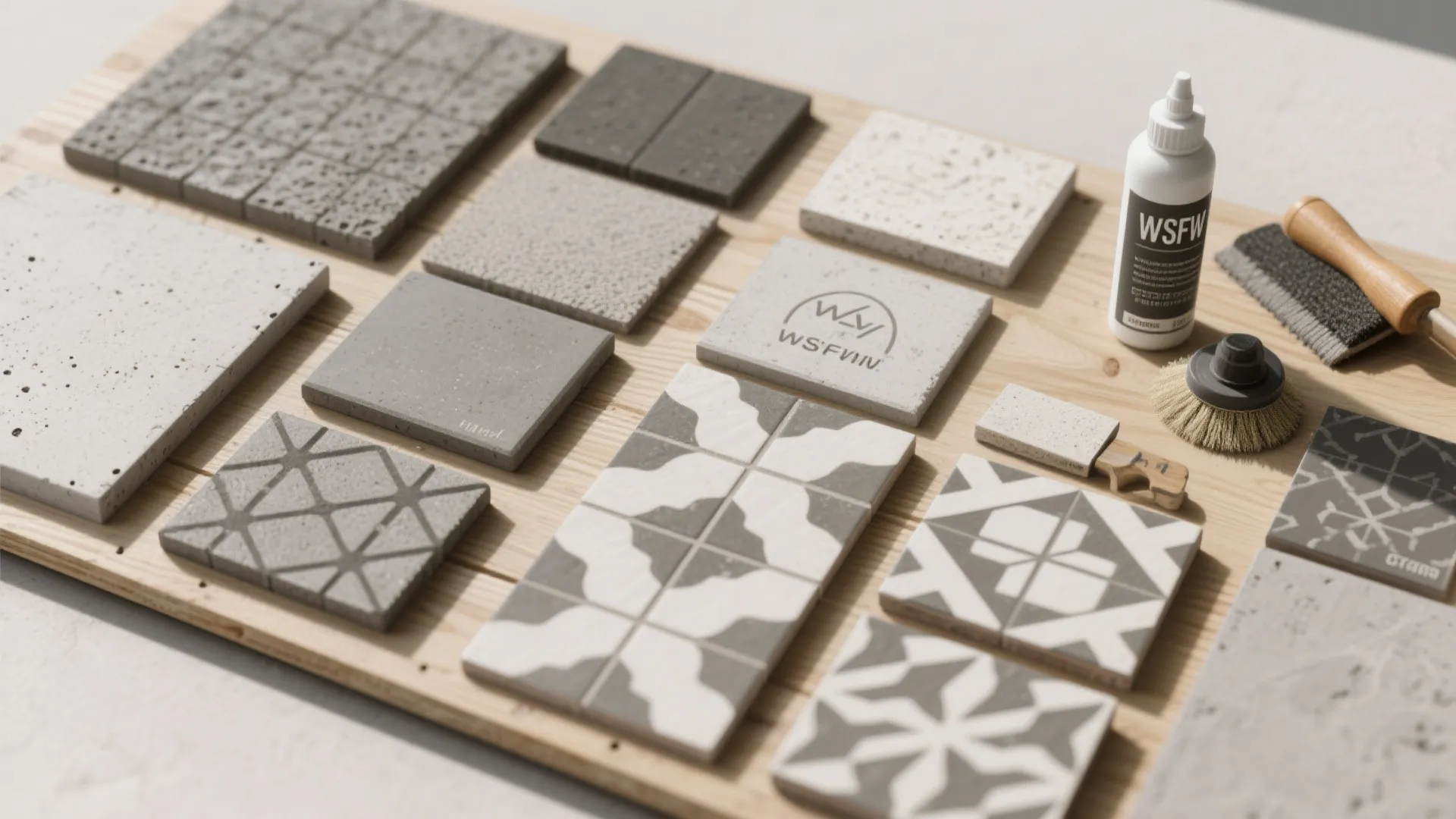 Top-down flatlay of concrete countertop samples and patterned outdoor tiles with sealant samples and tools.
