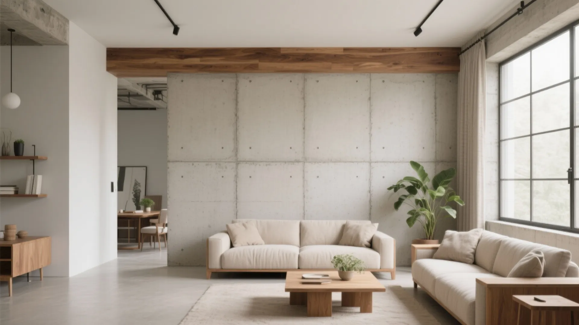Spacious living room with concrete wall two beige sofas wood coffee table and large black windows