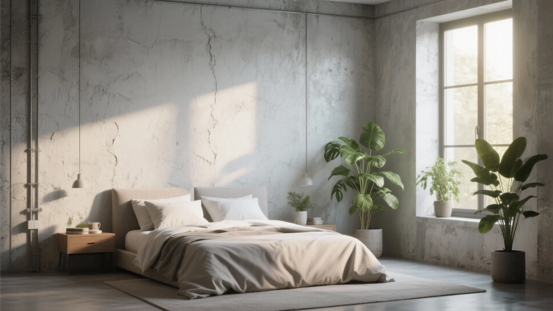Industrial style bedroom with concrete walls large green plants wood nightstand and grey bedding set