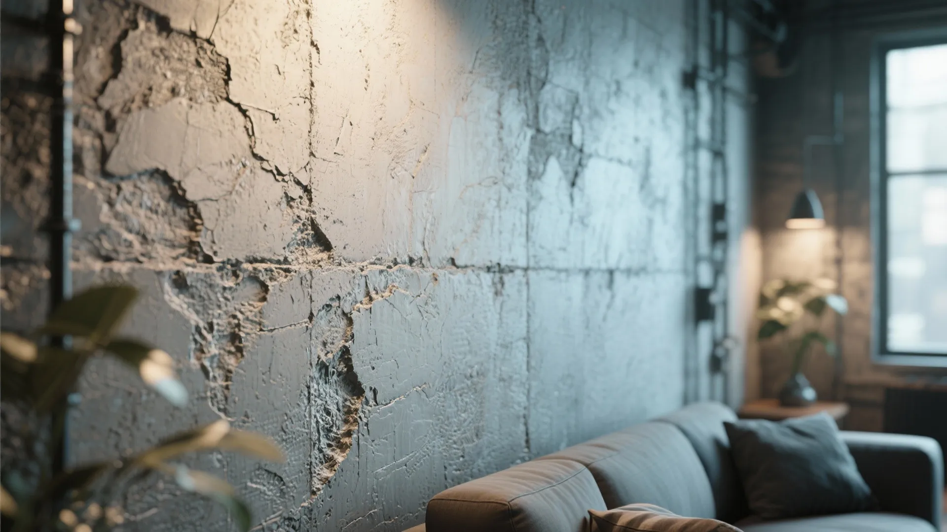 Industrial living room featuring grey sofa against a rough textured concrete wall with warm lighting