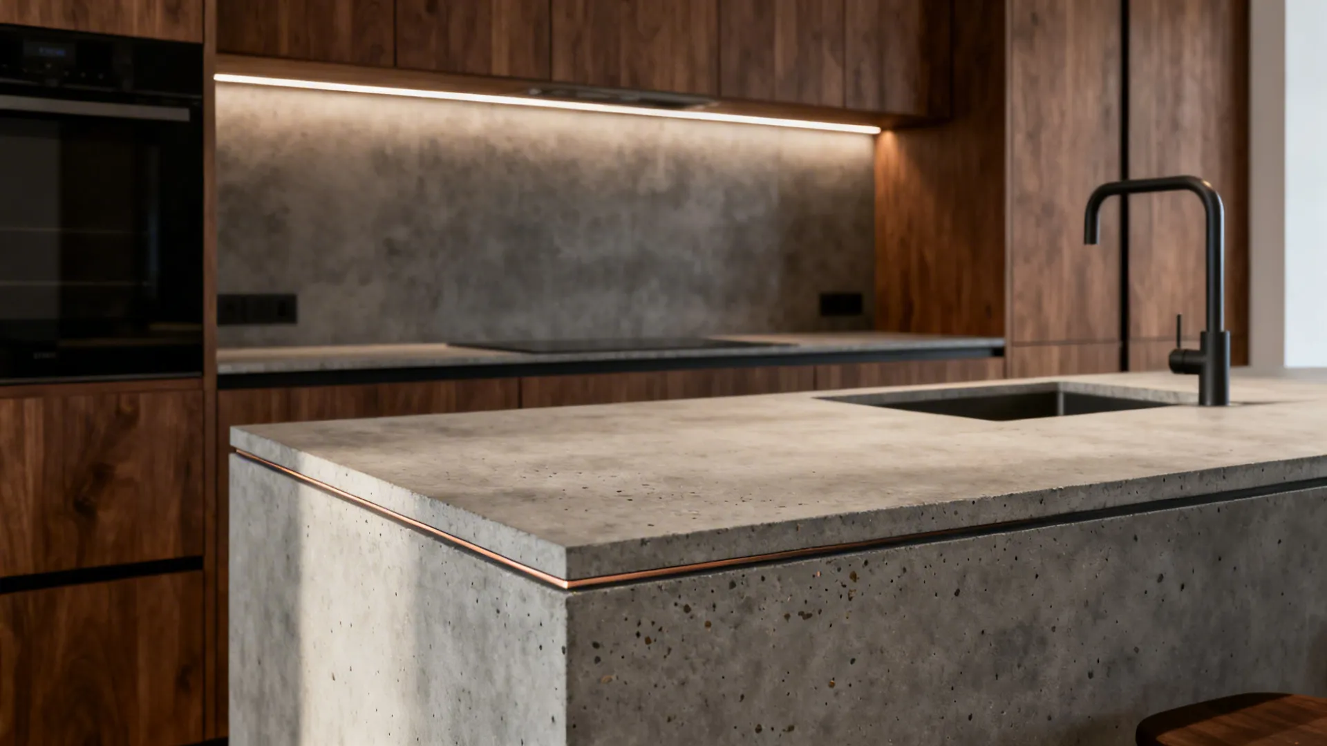 Walnut cabinets paired with a custom concrete countertop featuring an integrated sink and subtle aggregate texture.