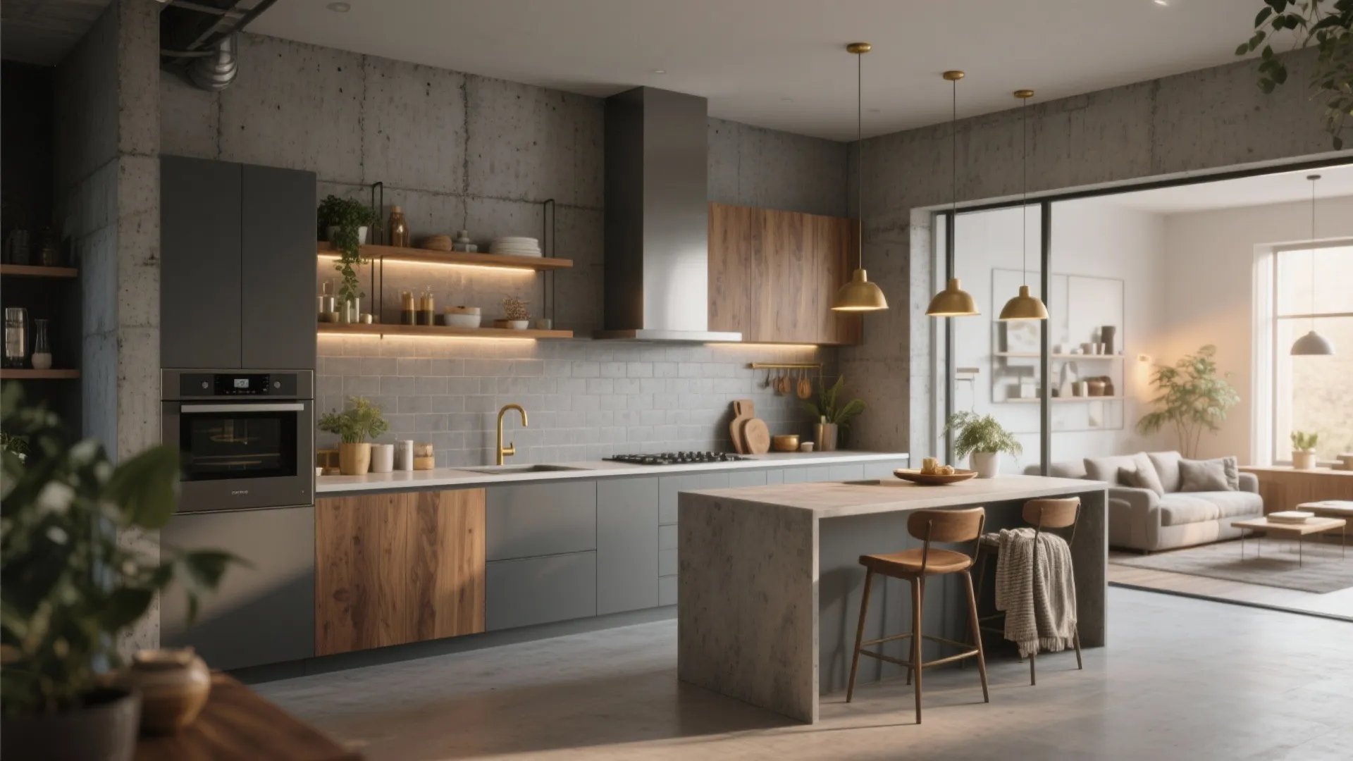 Industrial kitchen with concrete walls grey cabinets wooden island three gold ceiling light living room