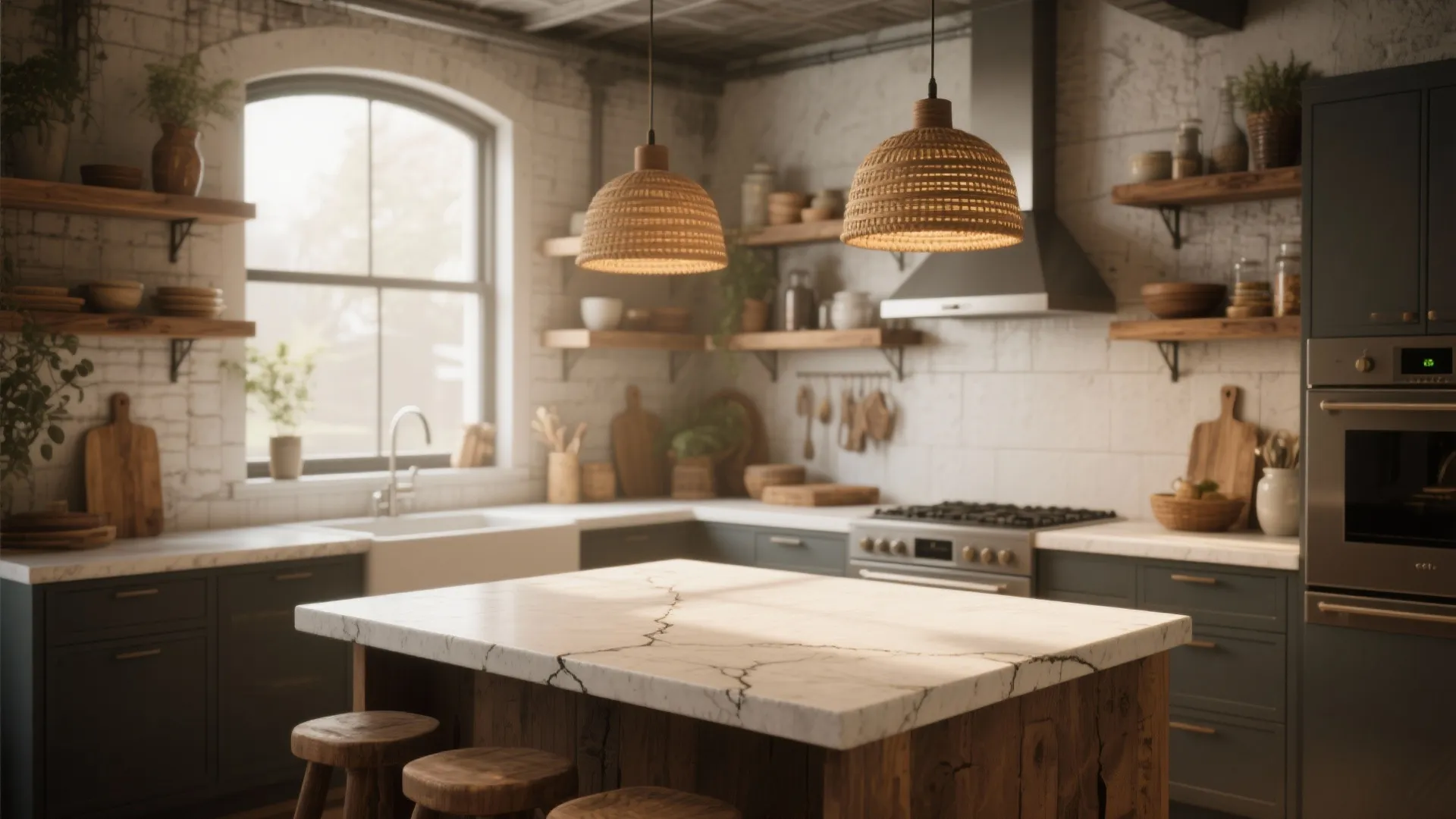 Rustic kitchen with marble island, woven ceiling lights, open wooden shelves, and dark green kitchen cabinets