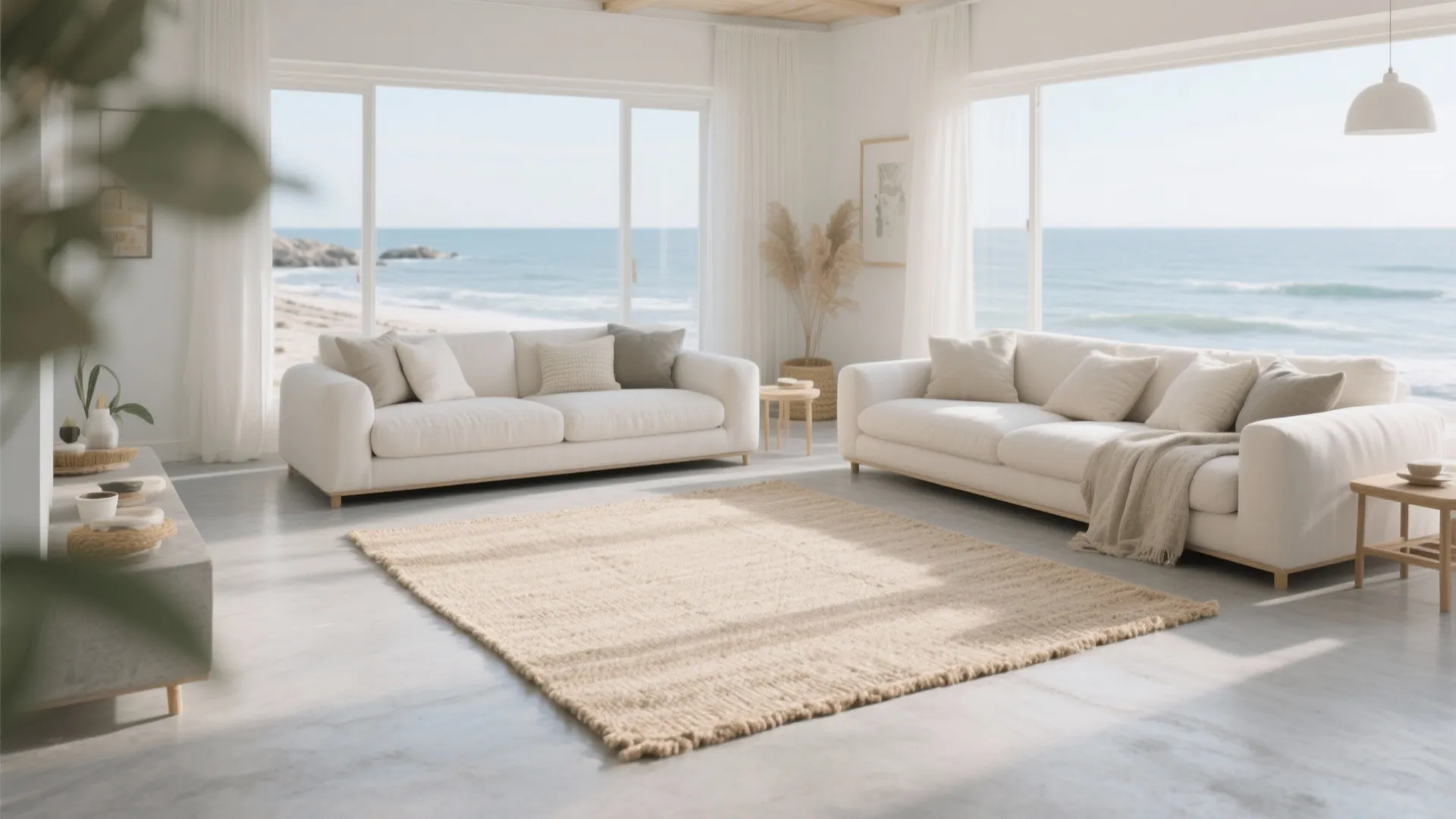 Modern bright living room with white sofas beige rug concrete floor and beautiful ocean view