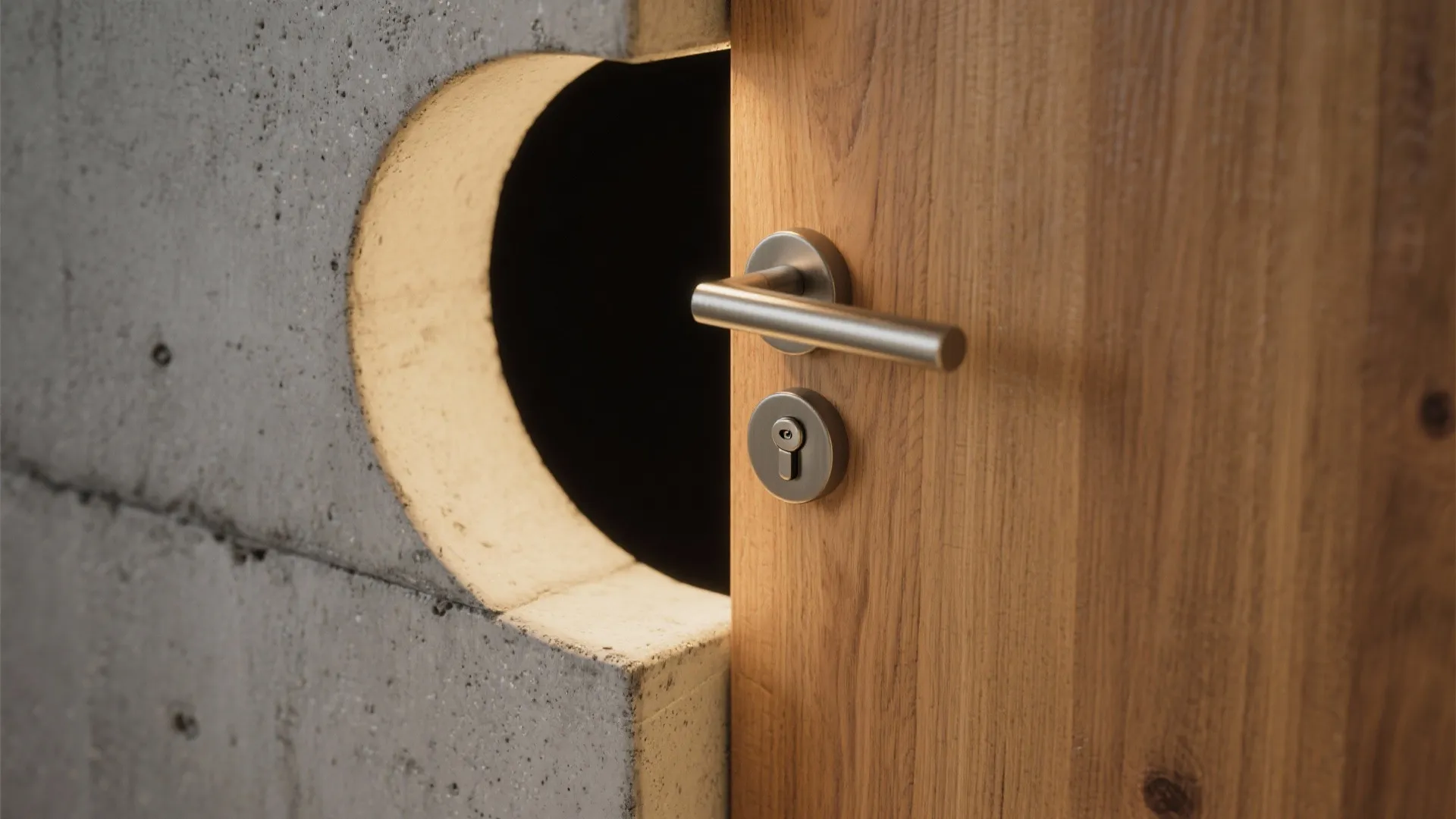 Wooden door with metal handle standing next to grey concrete wall featuring a circular light hole