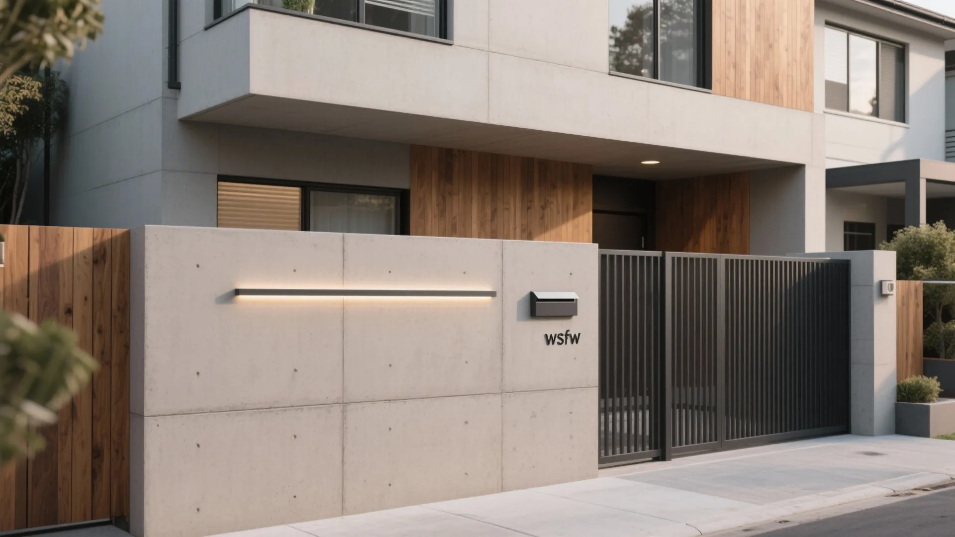 Modern house exterior with concrete wall, black metal gate, wood panels, and outdoor wall light