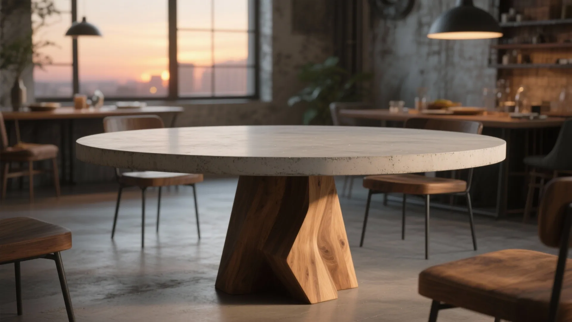 Round stone dining table with thick wooden base in industrial style room with sunset view