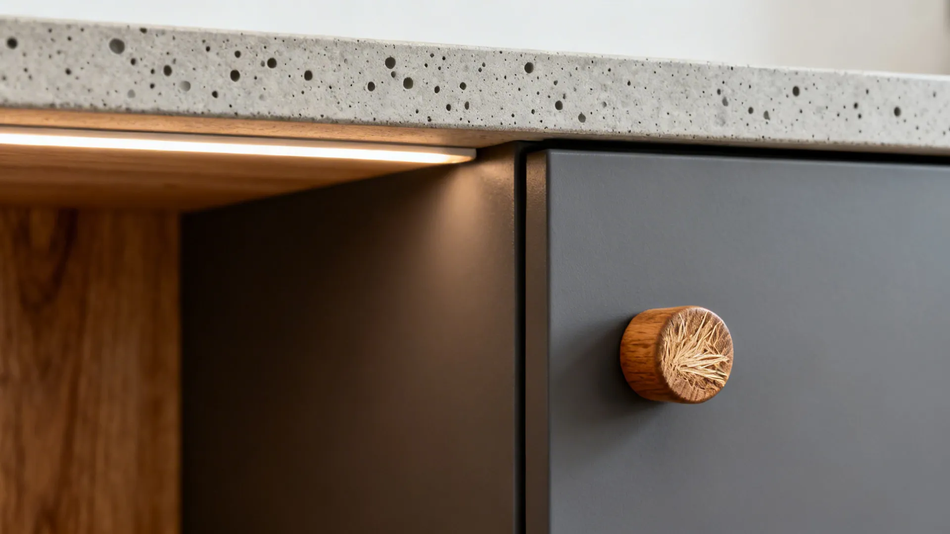 Macro of concrete-look laminate with dark grey cabinet and oak pull under warm lighting.