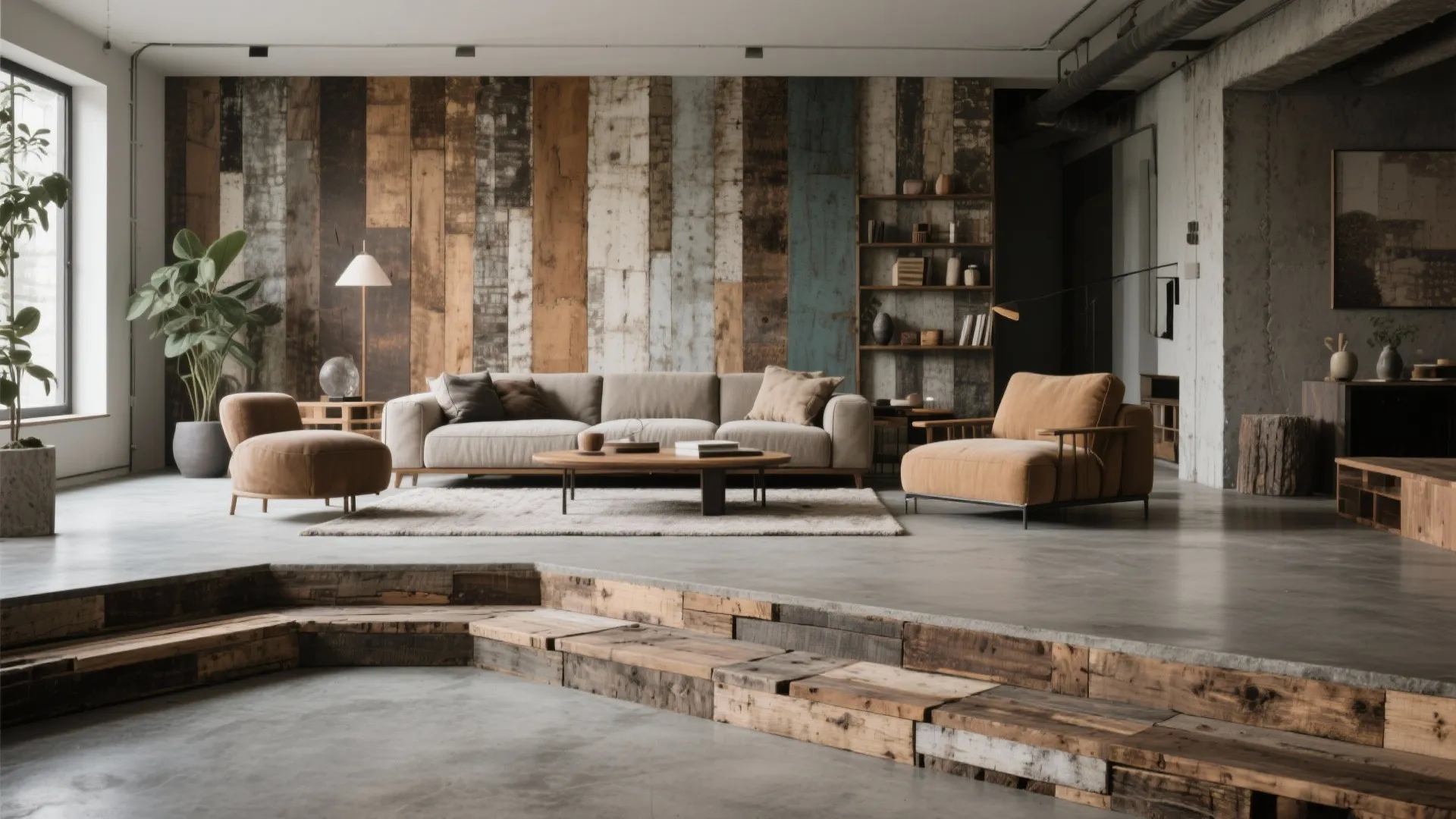 Industrial living room with wood wall panels large sofa coffee table plants and concrete floors