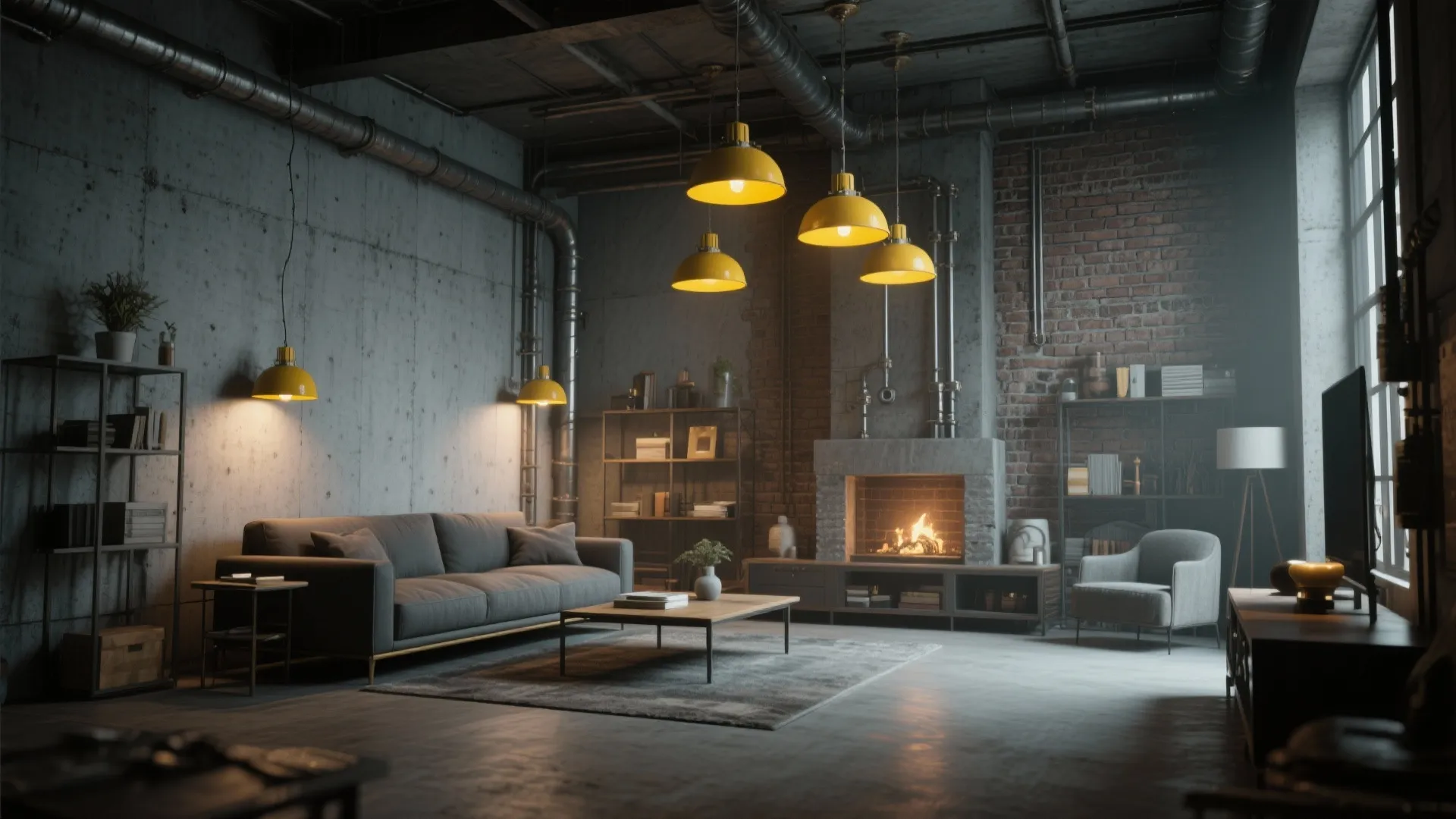 8. Industrial Gray Concrete Finish with Yellow Metal Lights